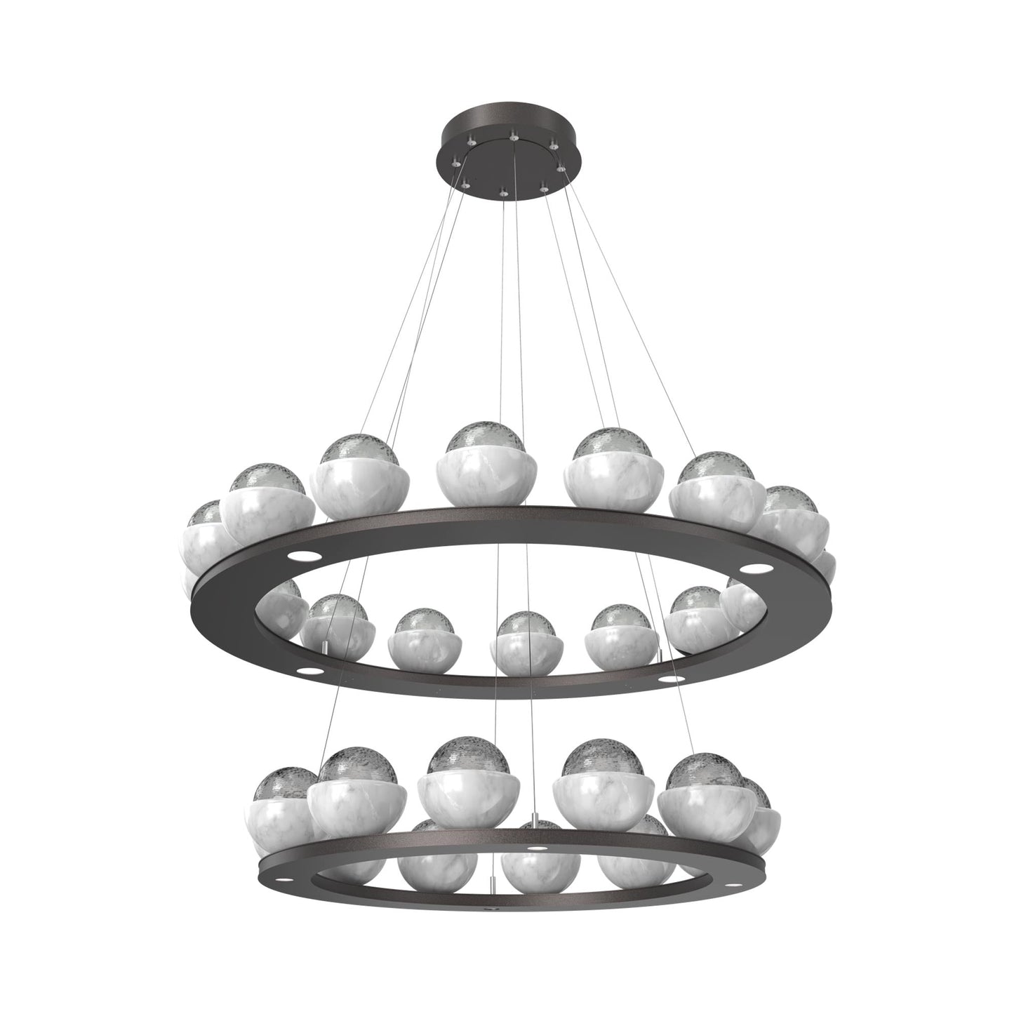Cabochon Two-Tier Ring LED Chandelier in Graphite/Smoke Blown Glass (White Marble).