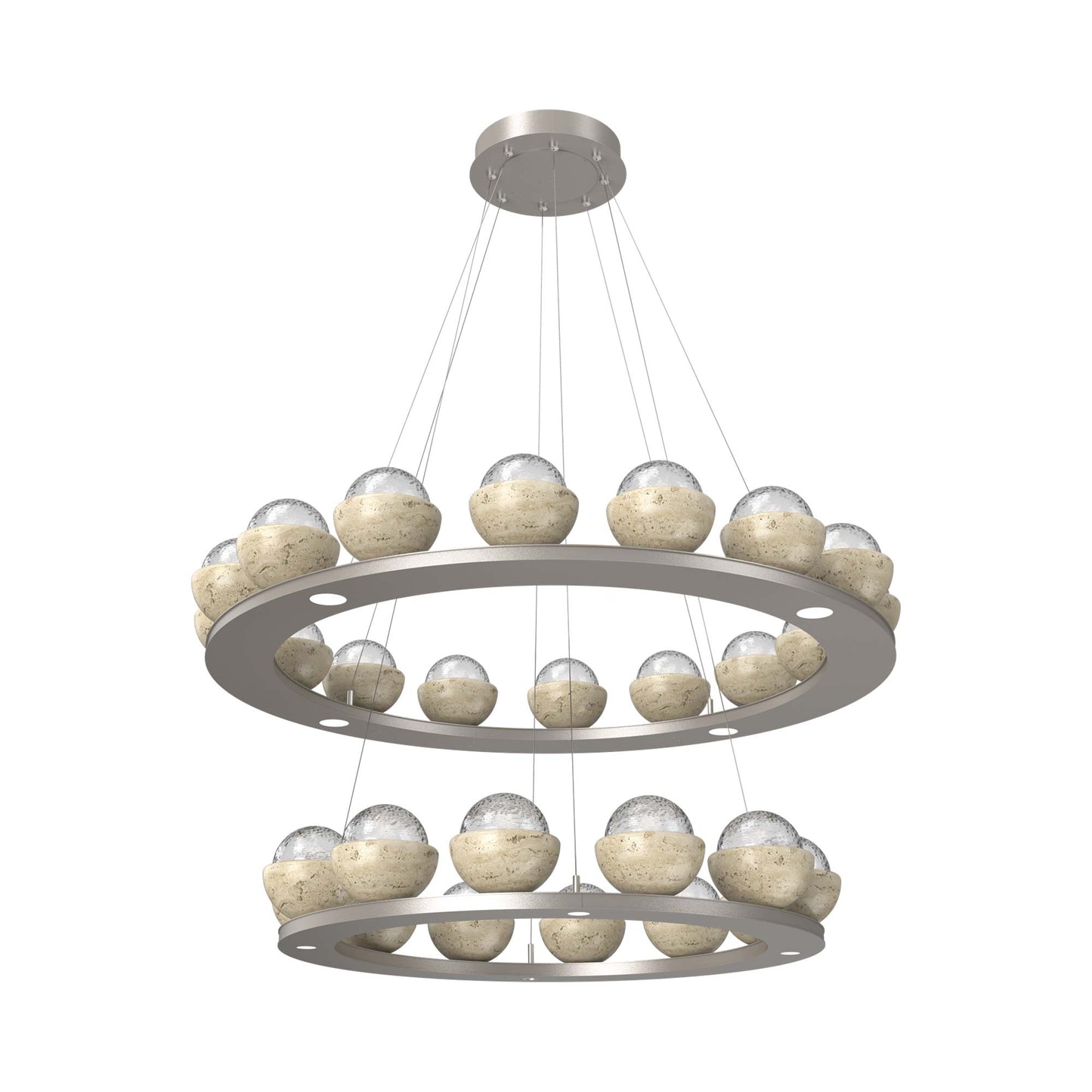 Cabochon Two-Tier Ring LED Chandelier in Beige Silver/Clear Blown Glass (Travertine).