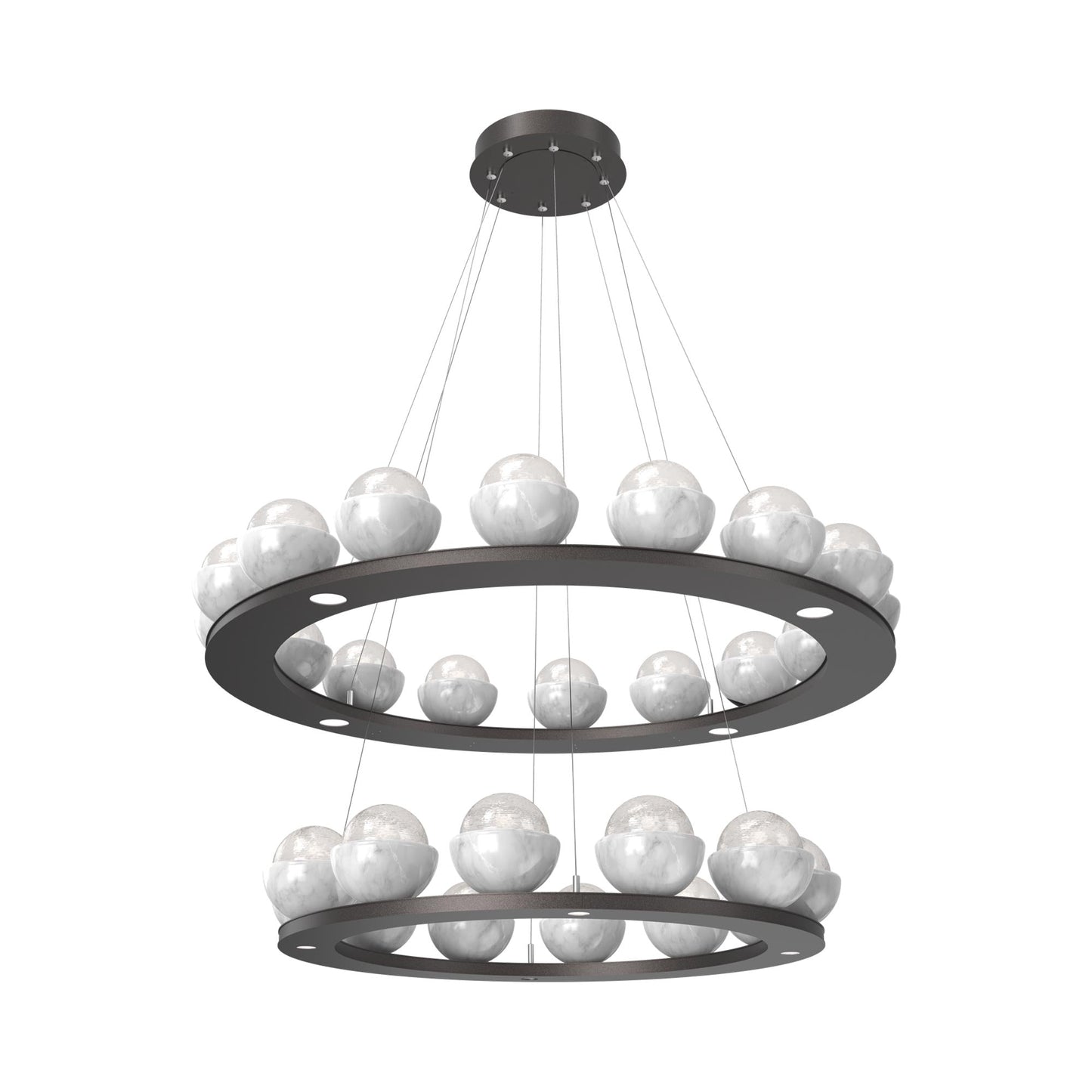 Cabochon Two-Tier Ring LED Chandelier in Graphite/White Blown Glass (White Marble).