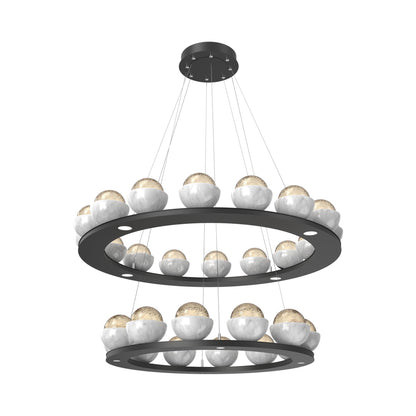 Cabochon Two-Tier Ring LED Chandelier in Matte Black/Amber Blown Glass (White Marble).
