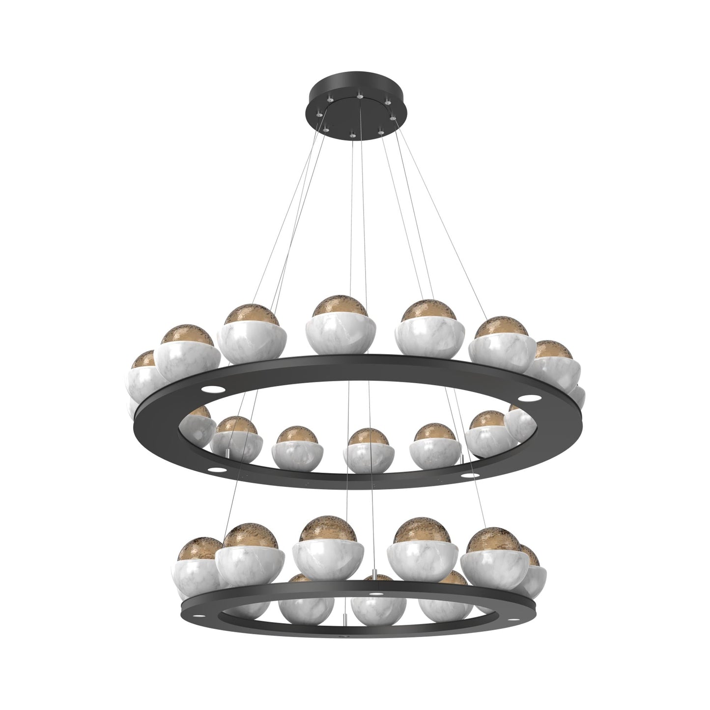 Cabochon Two-Tier Ring LED Chandelier in Matte Black/Bronze Blown Glass (White Marble).
