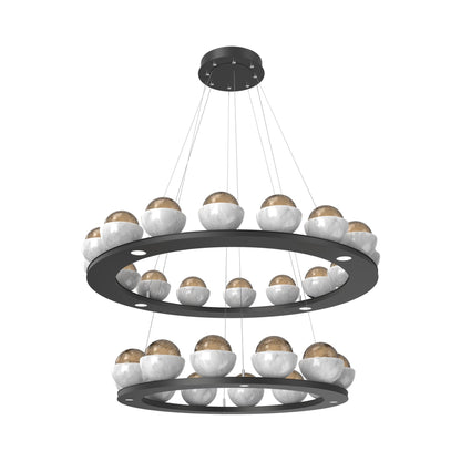 Cabochon Two-Tier Ring LED Chandelier in Matte Black/Bronze Blown Glass (White Marble).