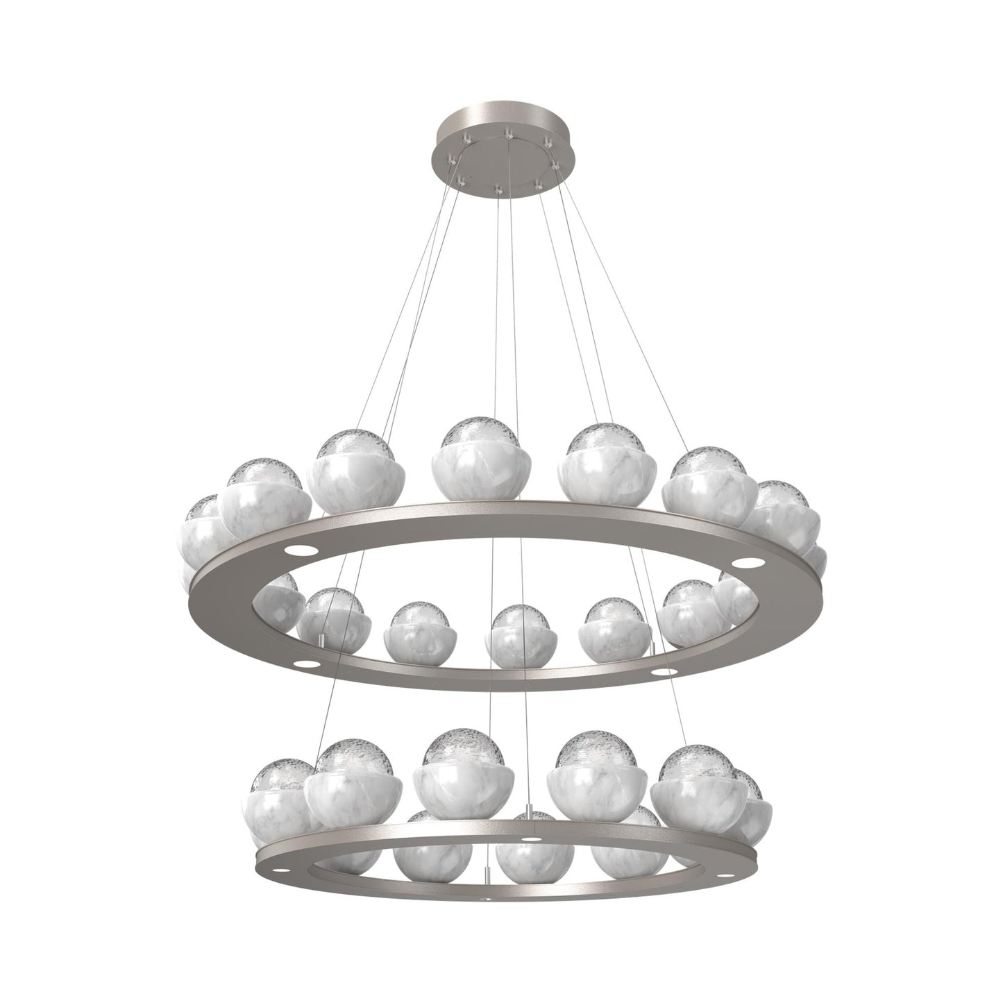 Cabochon Two-Tier Ring LED Chandelier in Beige Silver/Clear Blown Glass (White Marble).