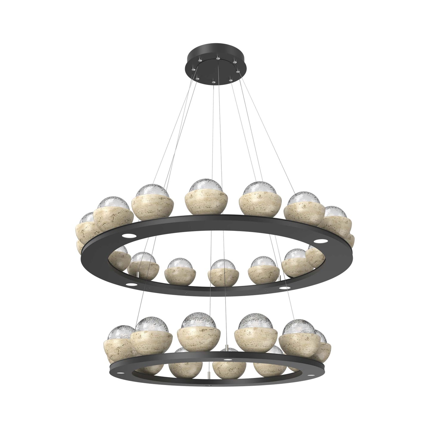 Cabochon Two-Tier Ring LED Chandelier in Matte Black/Clear Blown Glass (Travertine).