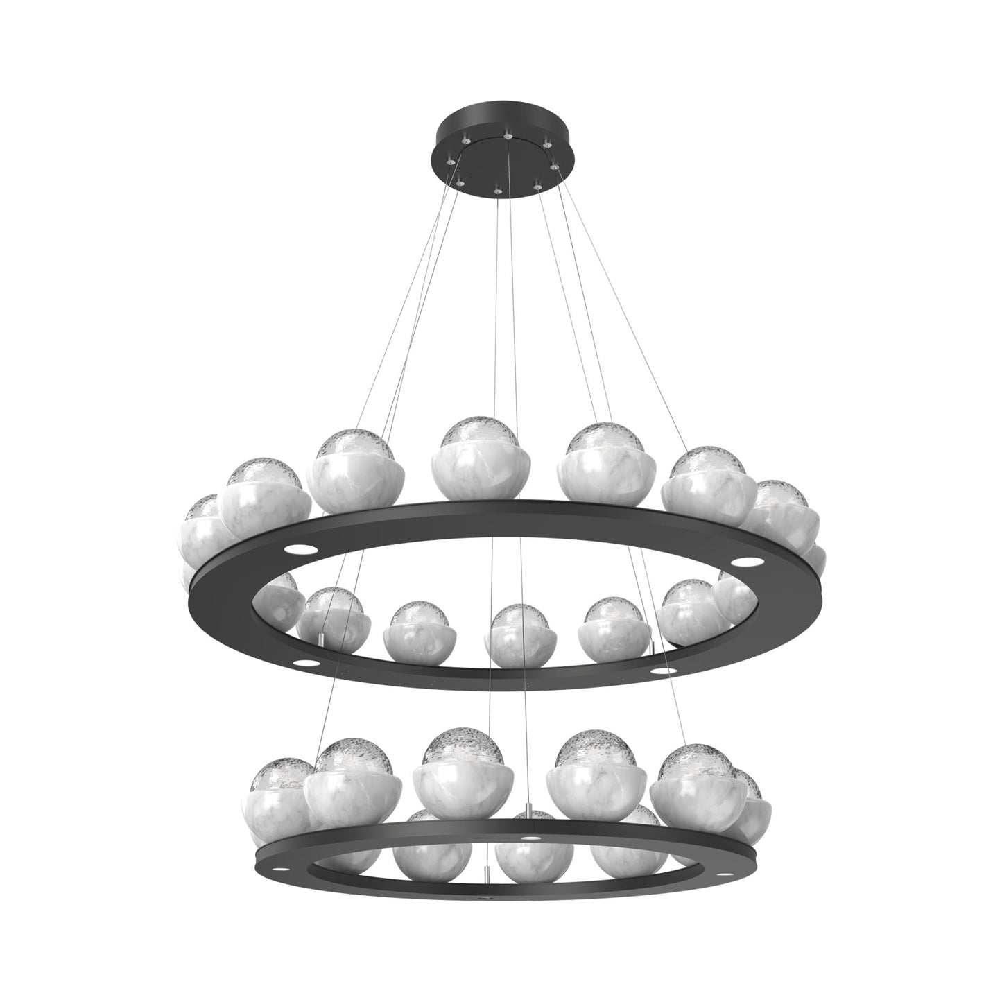 Cabochon Two-Tier Ring LED Chandelier in Matte Black/Clear Blown Glass (White Marble).