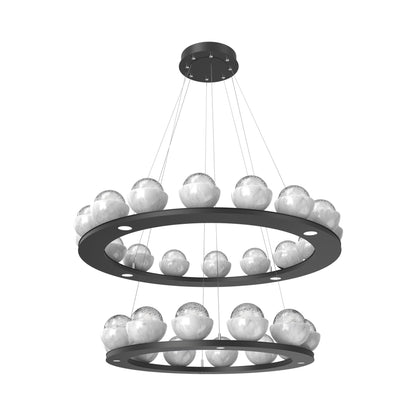Cabochon Two-Tier Ring LED Chandelier in Matte Black/Clear Blown Glass (White Marble).