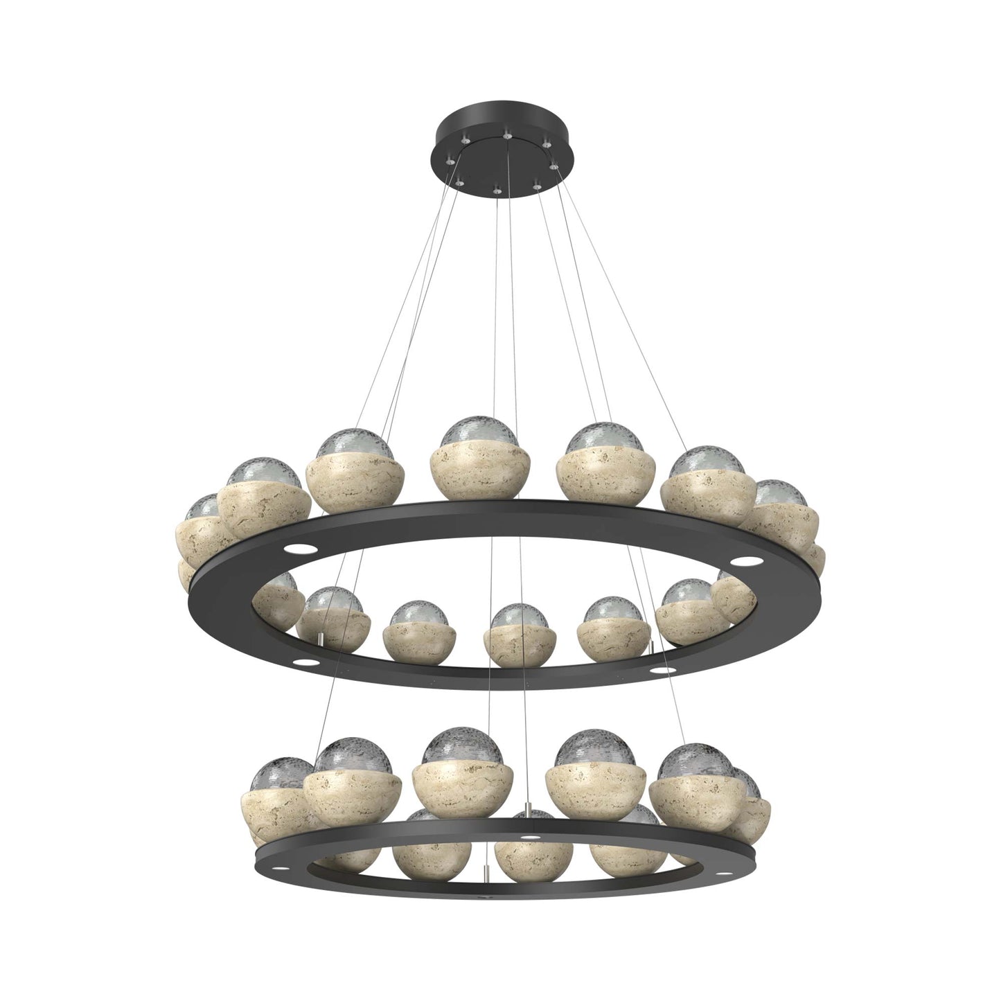 Cabochon Two-Tier Ring LED Chandelier in Matte Black/Smoke Blown Glass (Travertine).