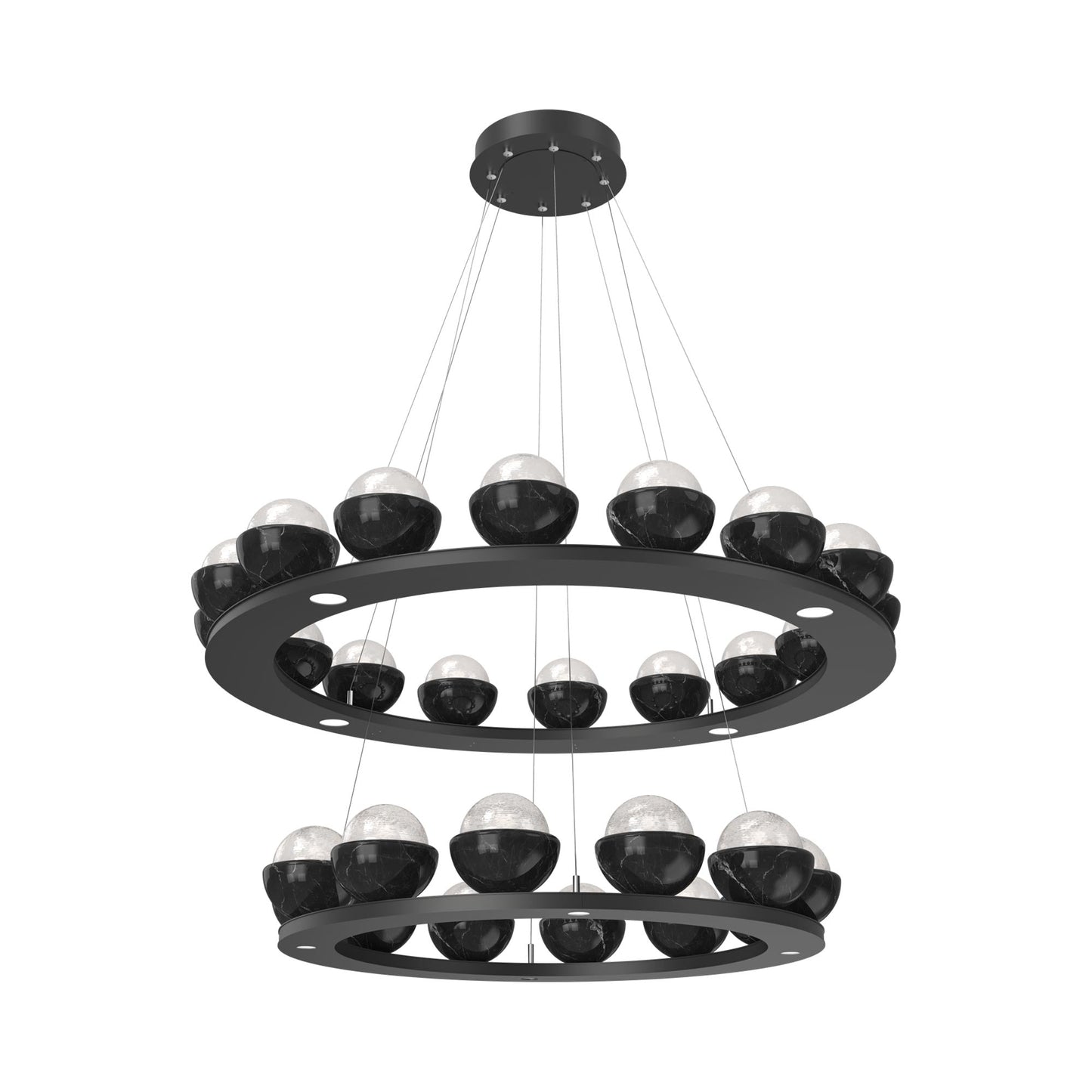 Cabochon Two-Tier Ring LED Chandelier in Matte Black/White Blown Glass (Black Marble).