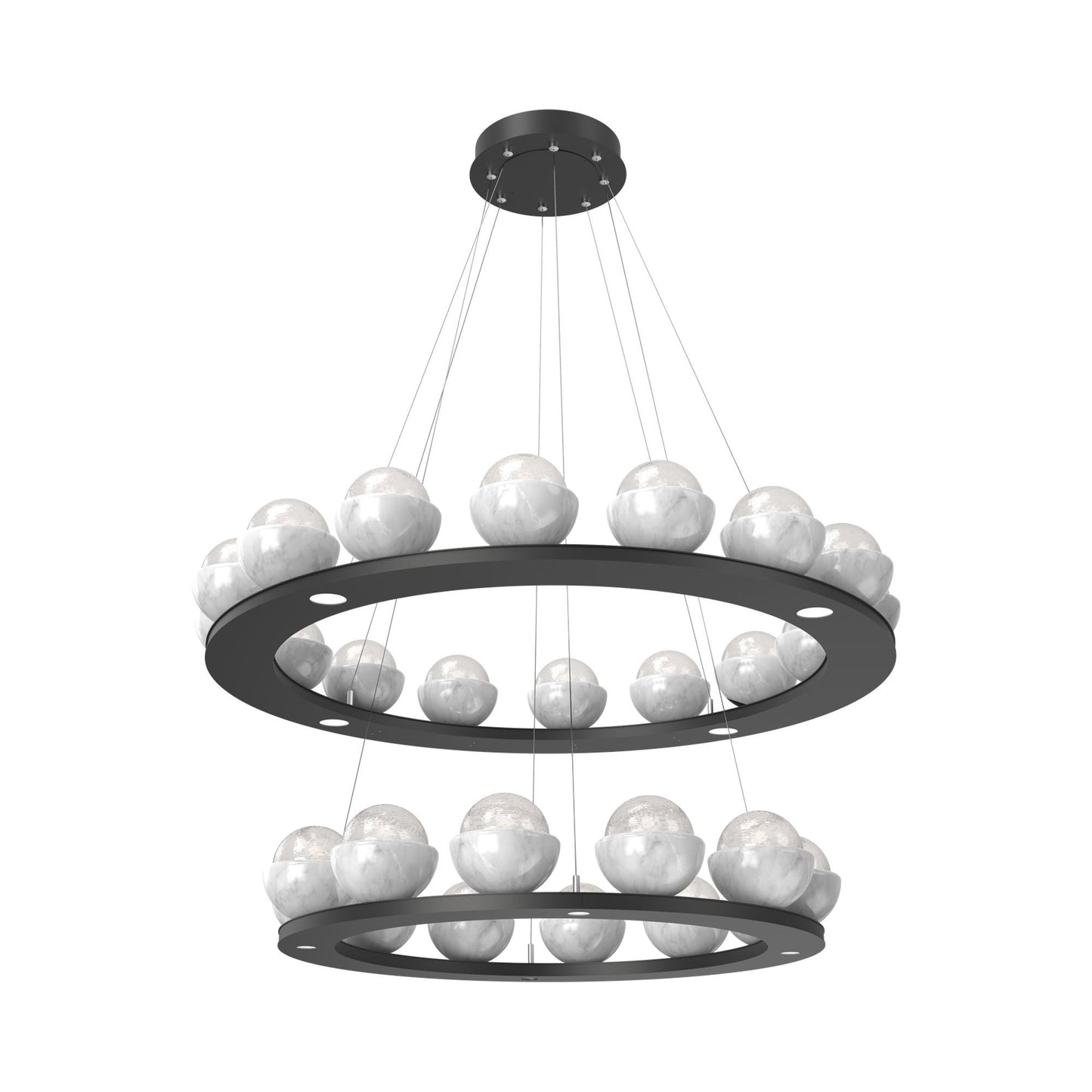 Cabochon Two-Tier Ring LED Chandelier in Matte Black/White Blown Glass (White Marble).