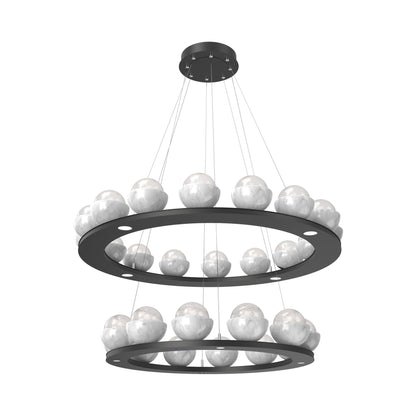 Cabochon Two-Tier Ring LED Chandelier in Matte Black/White Blown Glass (White Marble).