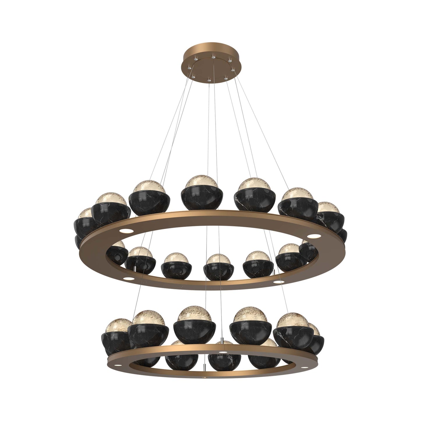 Cabochon Two-Tier Ring LED Chandelier in Novel Brass/Amber Blown Glass (Black Marble).
