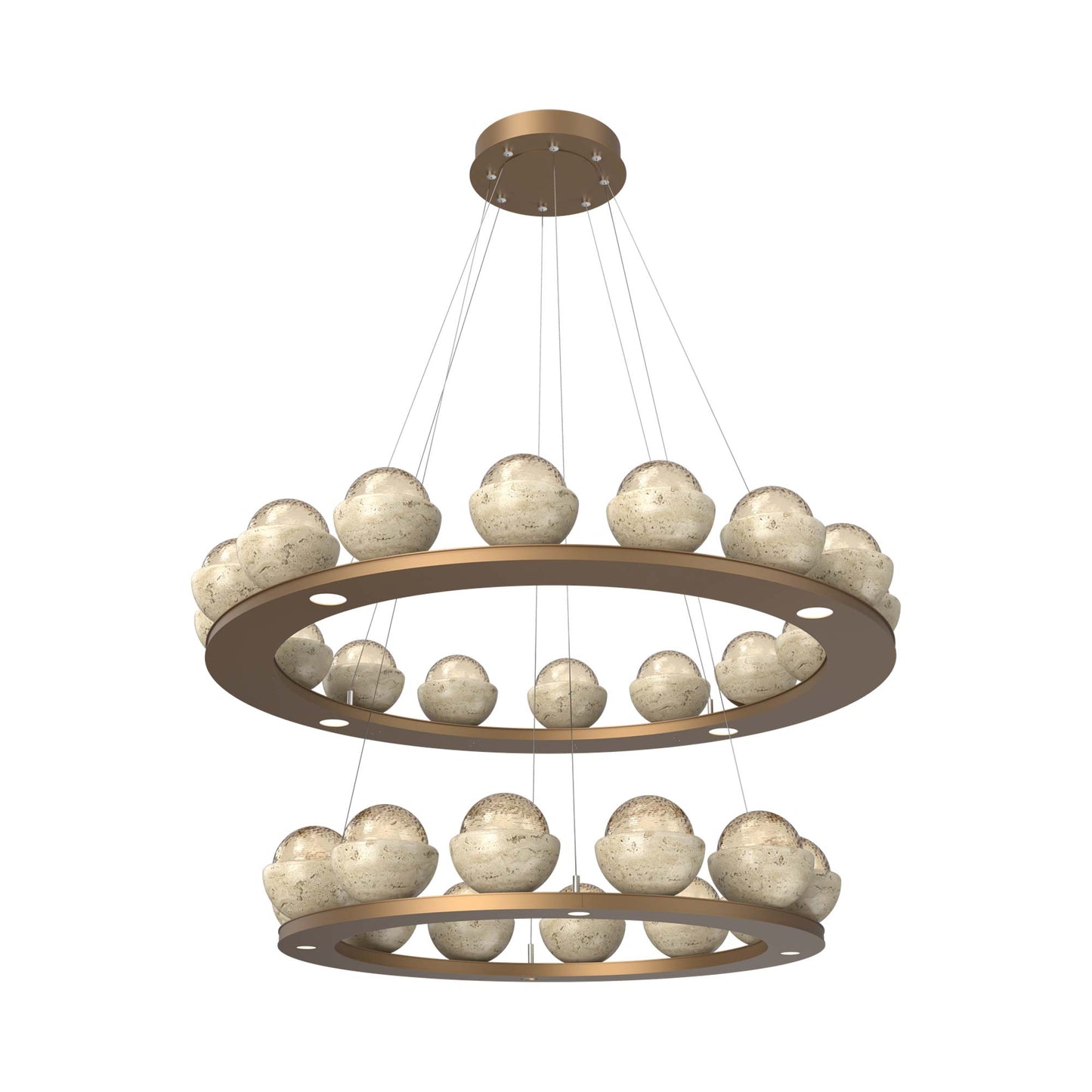 Cabochon Two-Tier Ring LED Chandelier in Novel Brass/Amber Blown Glass (Travertine).