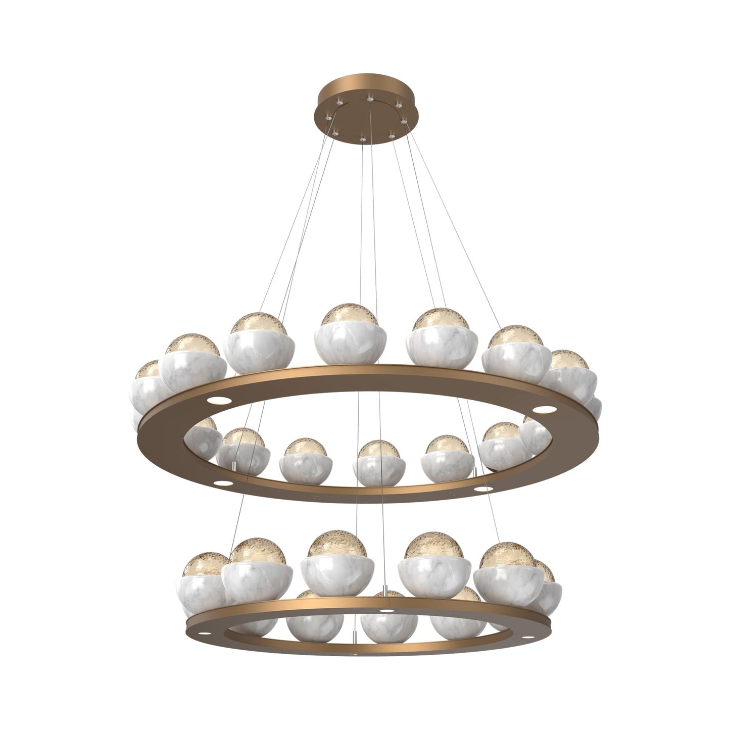 Cabochon Two-Tier Ring LED Chandelier in Novel Brass/Amber Blown Glass (White Marble).