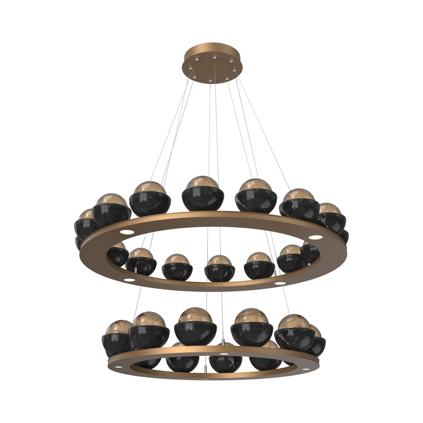 Cabochon Two-Tier Ring LED Chandelier in Novel Brass/Bronze Blown Glass (Black Marble).