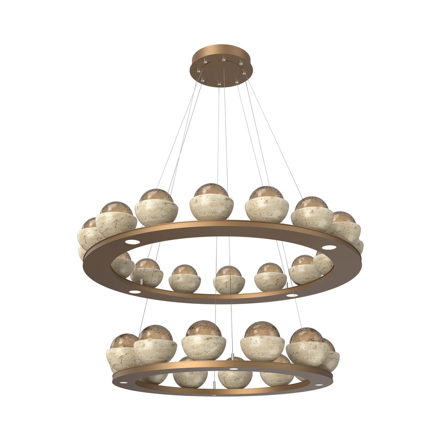 Cabochon Two-Tier Ring LED Chandelier in Novel Brass/Bronze Blown Glass (Travertine).