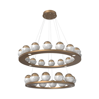 Cabochon Two-Tier Ring LED Chandelier in Novel Brass/Bronze Blown Glass (White Marble).