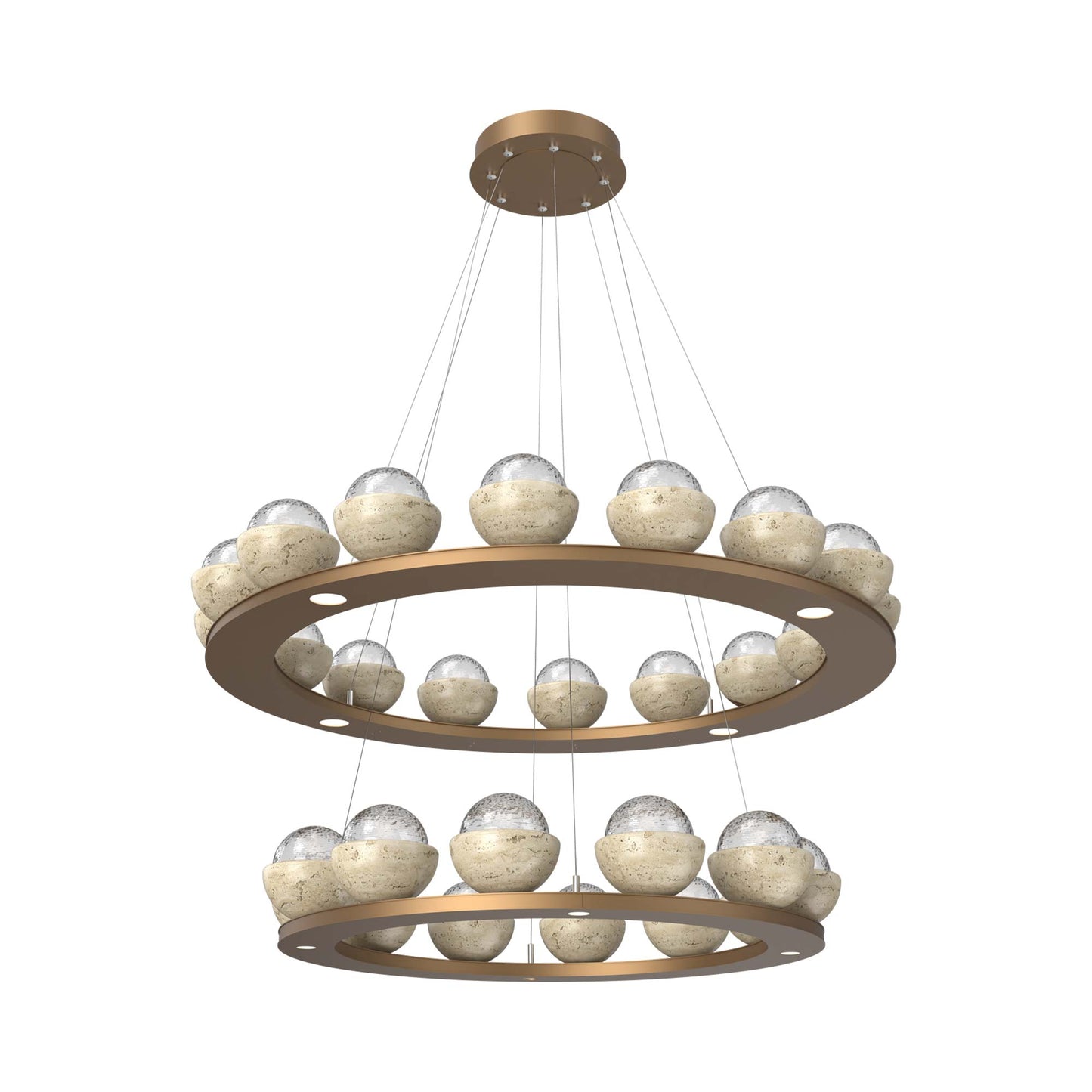 Cabochon Two-Tier Ring LED Chandelier in Novel Brass/Clear Blown Glass (Travertine).