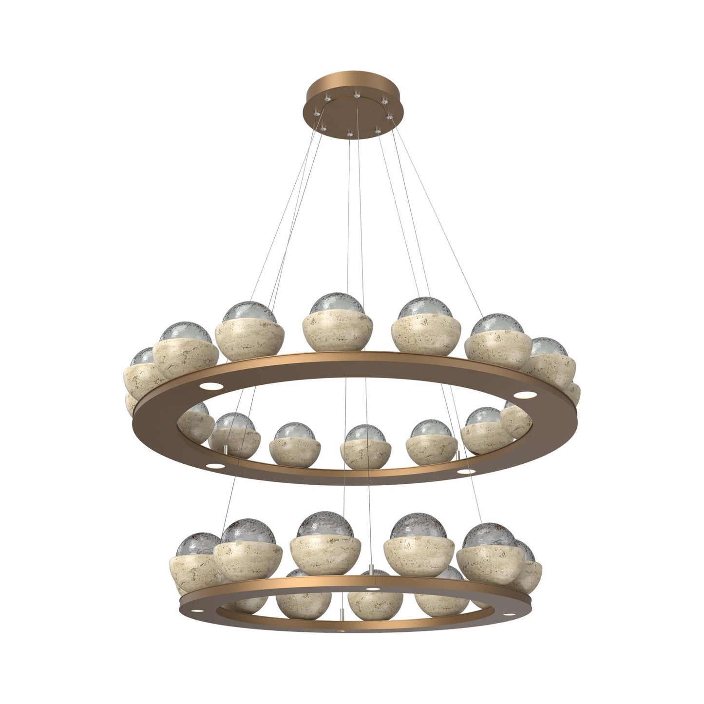 Cabochon Two-Tier Ring LED Chandelier in Novel Brass/Smoke Blown Glass (Travertine).