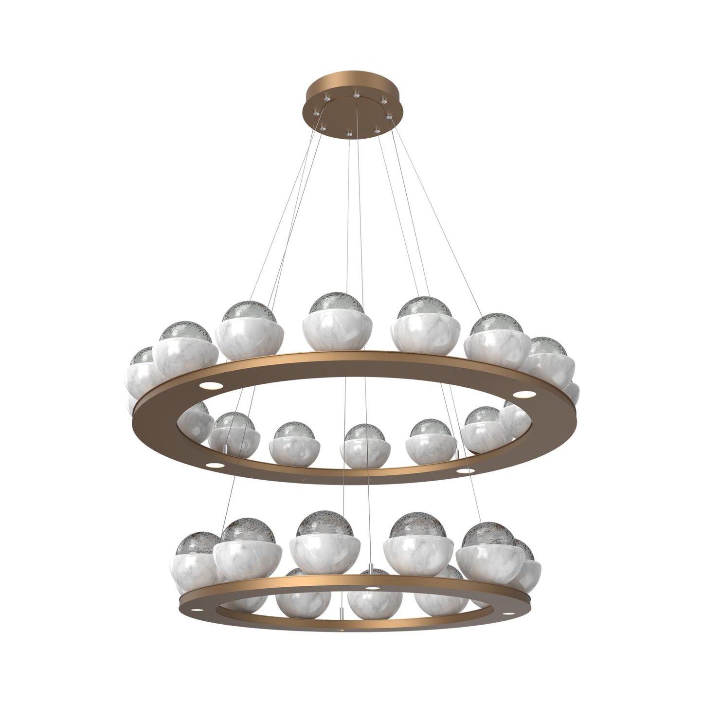 Cabochon Two-Tier Ring LED Chandelier in Novel Brass/Smoke Blown Glass (White Marble).