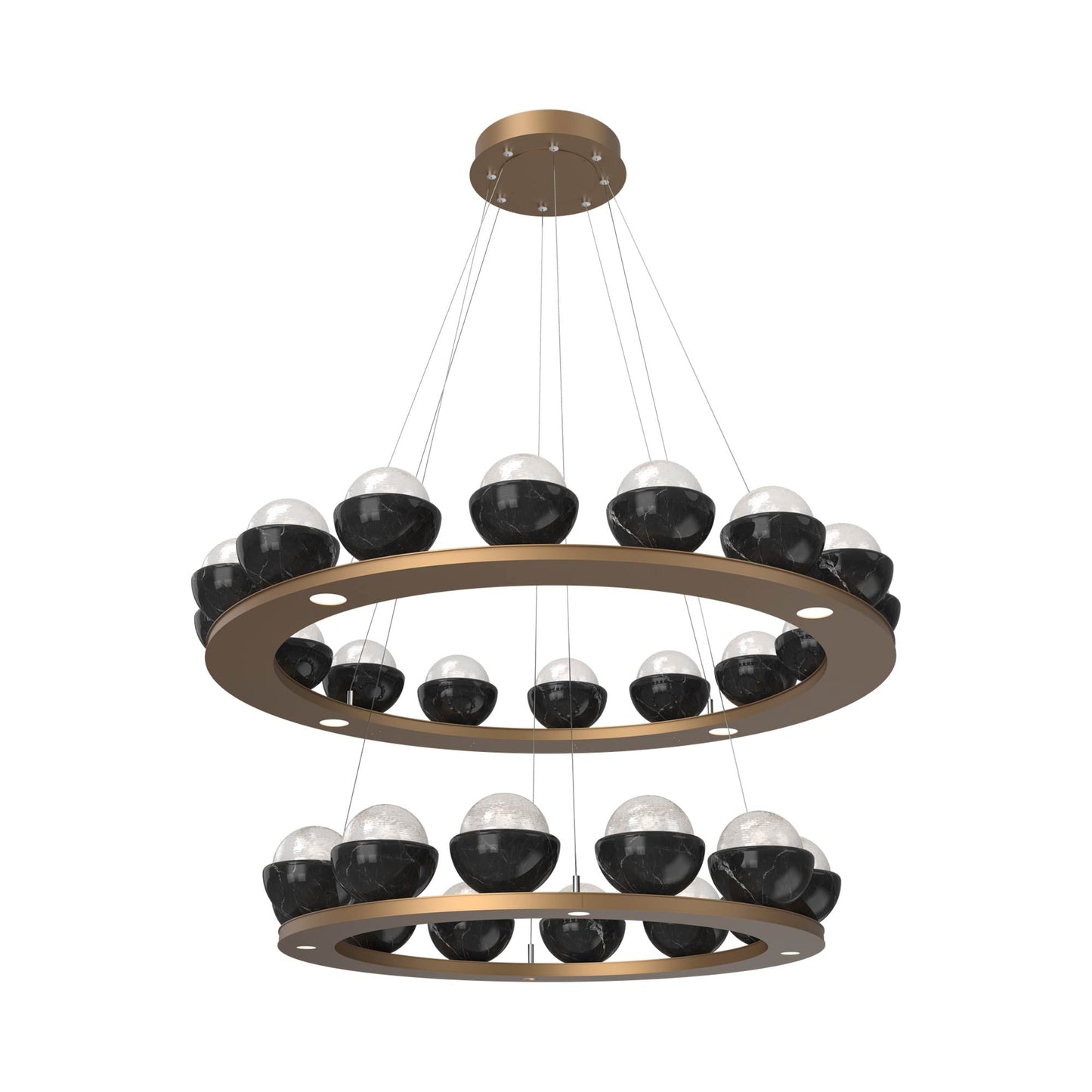 Cabochon Two-Tier Ring LED Chandelier in Novel Brass/White Blown Glass (Black Marble).