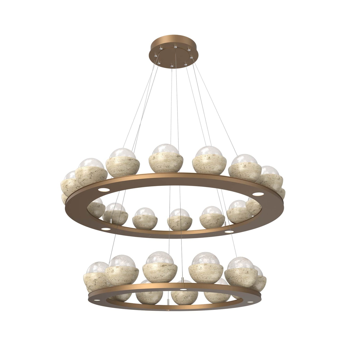 Cabochon Two-Tier Ring LED Chandelier in Novel Brass/White Blown Glass (Travertine).