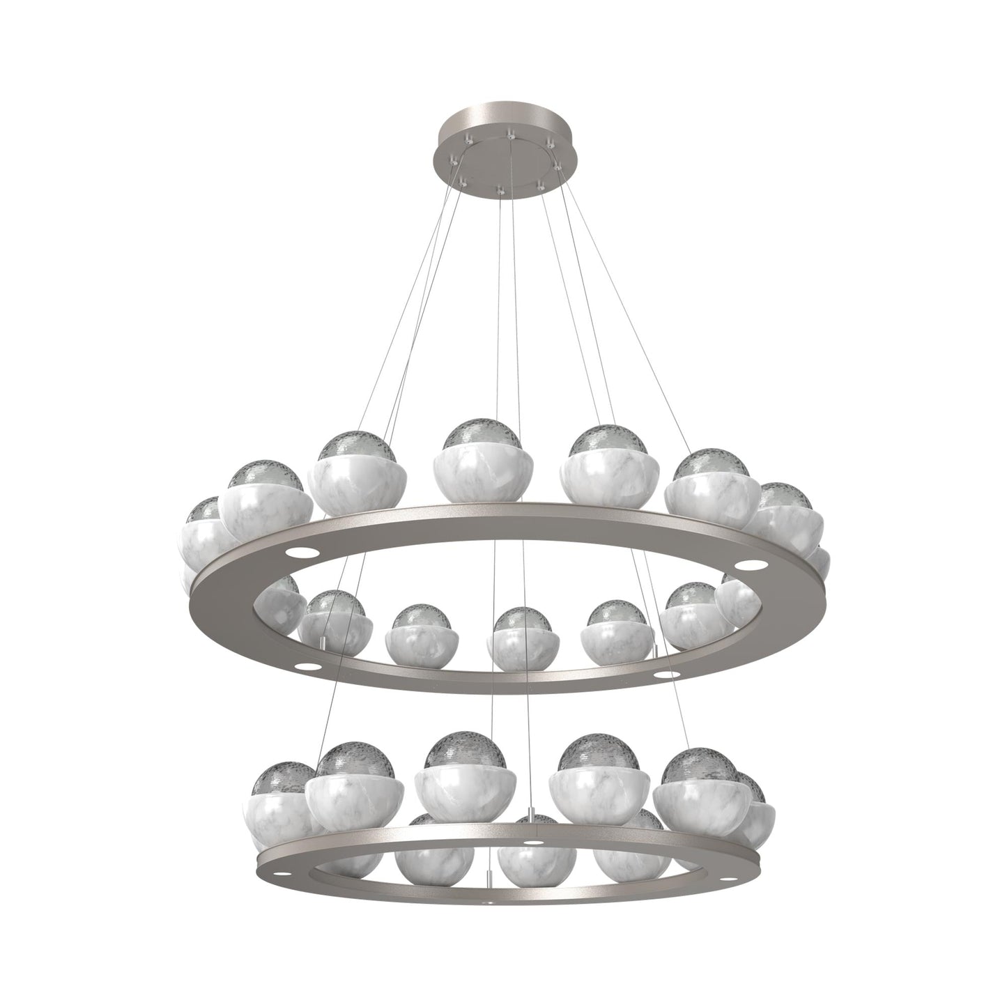 Cabochon Two-Tier Ring LED Chandelier in Beige Silver/Smoke Blown Glass (White Marble).