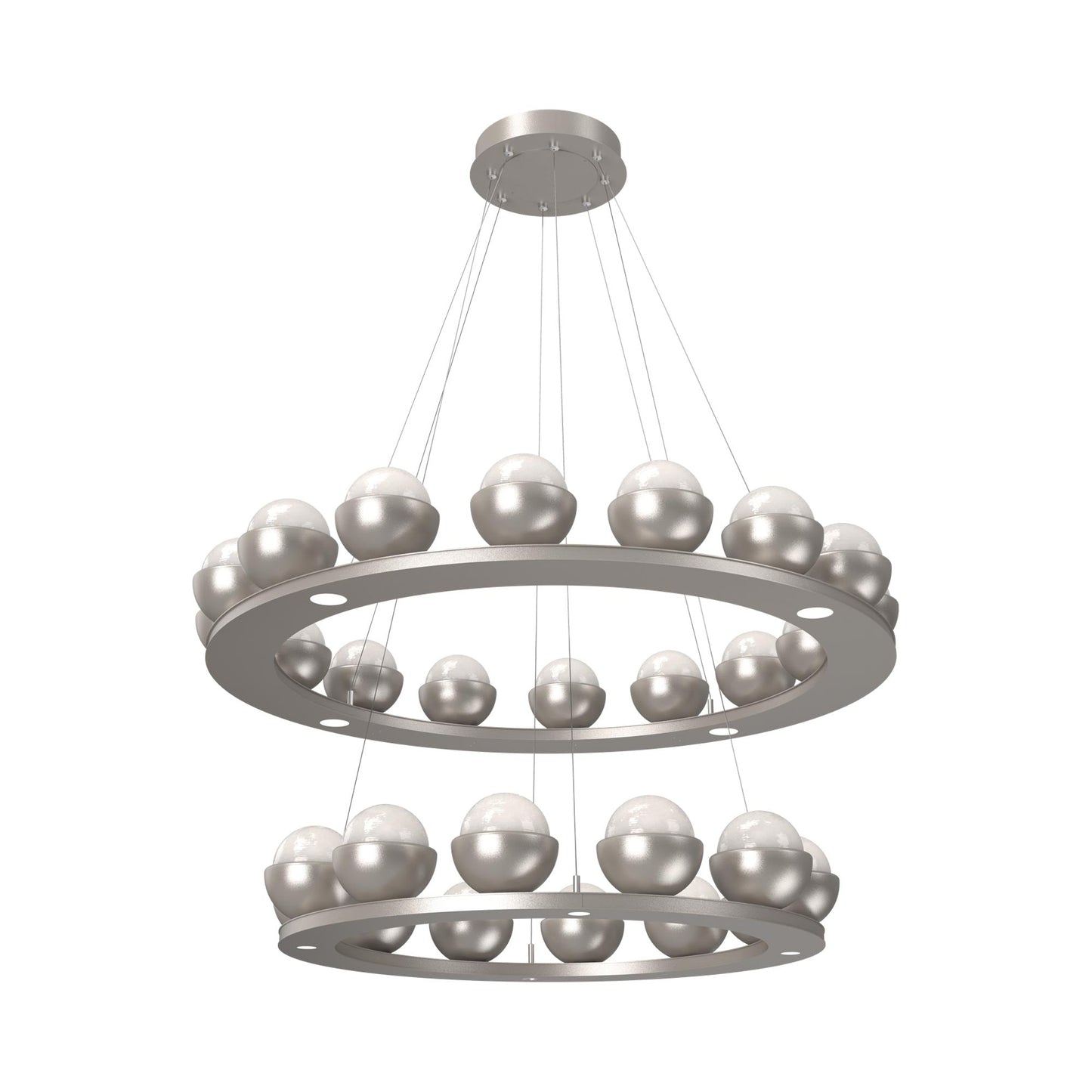 Cabochon Two-Tier Ring LED Chandelier in Beige Silver/White Blown Glass (Matching Finish).