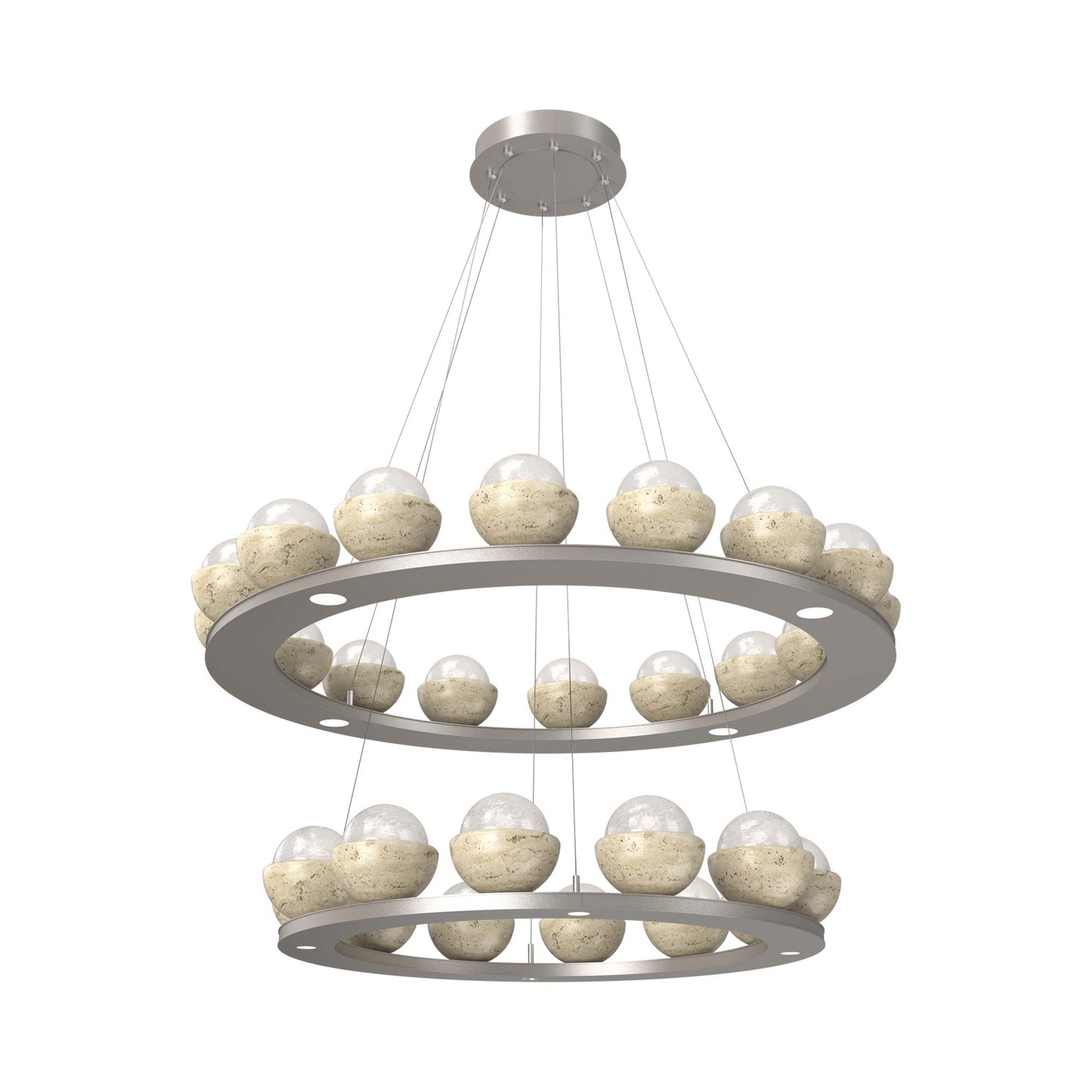 Cabochon Two-Tier Ring LED Chandelier in Beige Silver/White Blown Glass (Travertine).