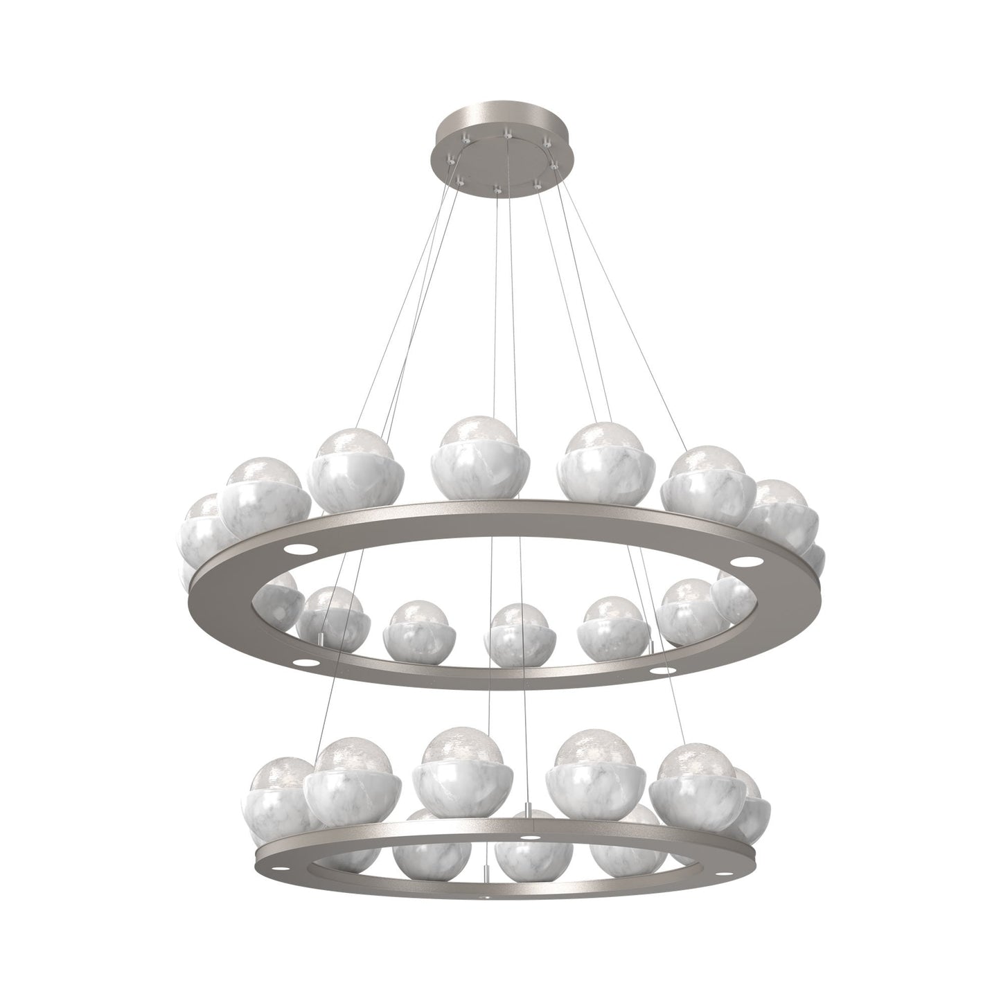 Cabochon Two-Tier Ring LED Chandelier in Beige Silver/White Blown Glass (White Marble).