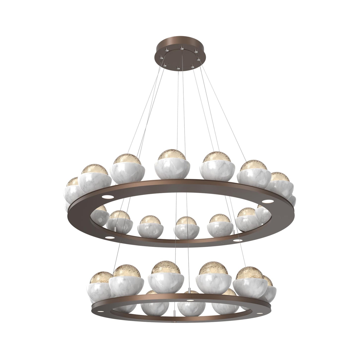 Cabochon Two-Tier Ring LED Chandelier in Burnished Bronze/Amber Blown Glass (White Marble).