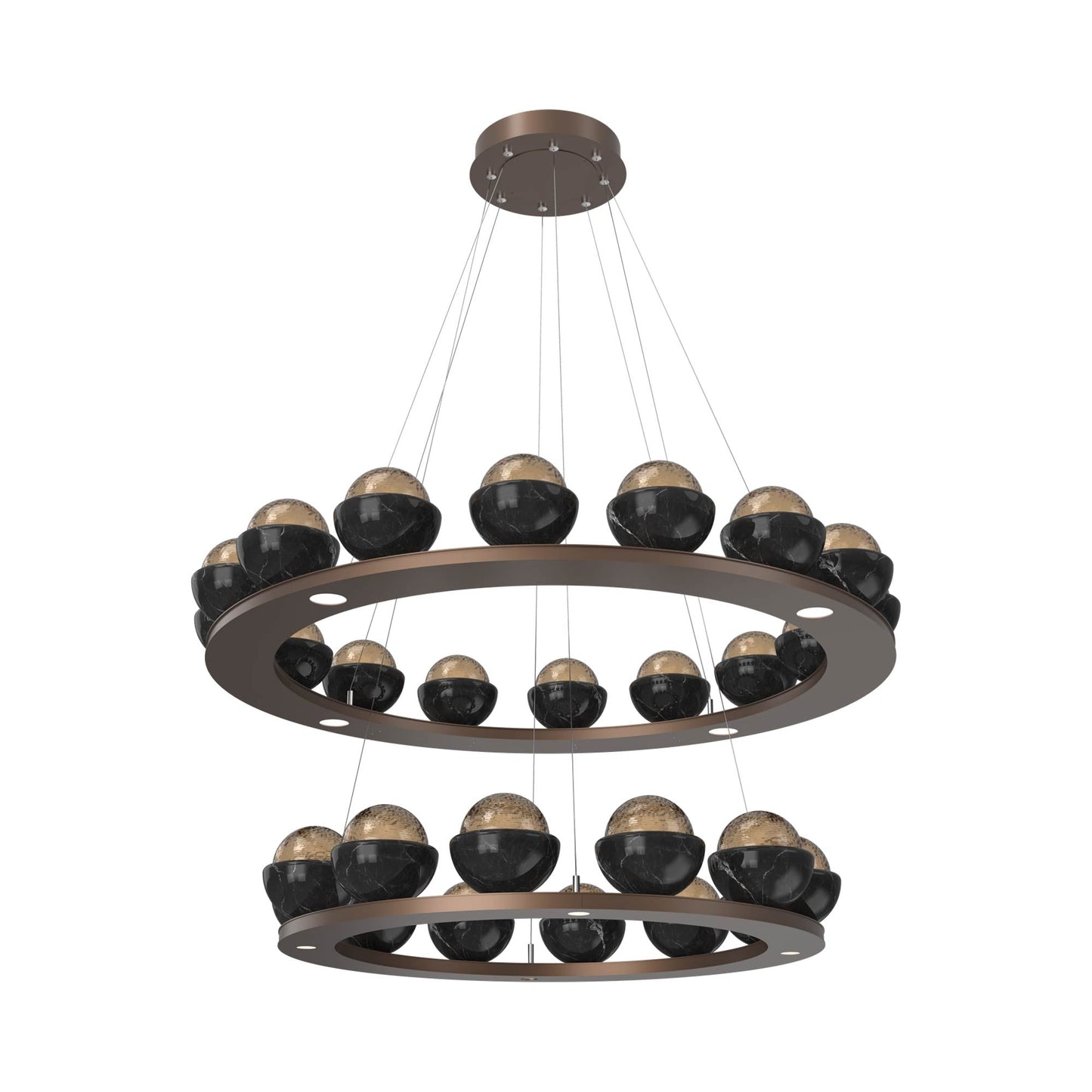 Cabochon Two-Tier Ring LED Chandelier in Burnished Bronze/Bronze Blown Glass (Black Marble).