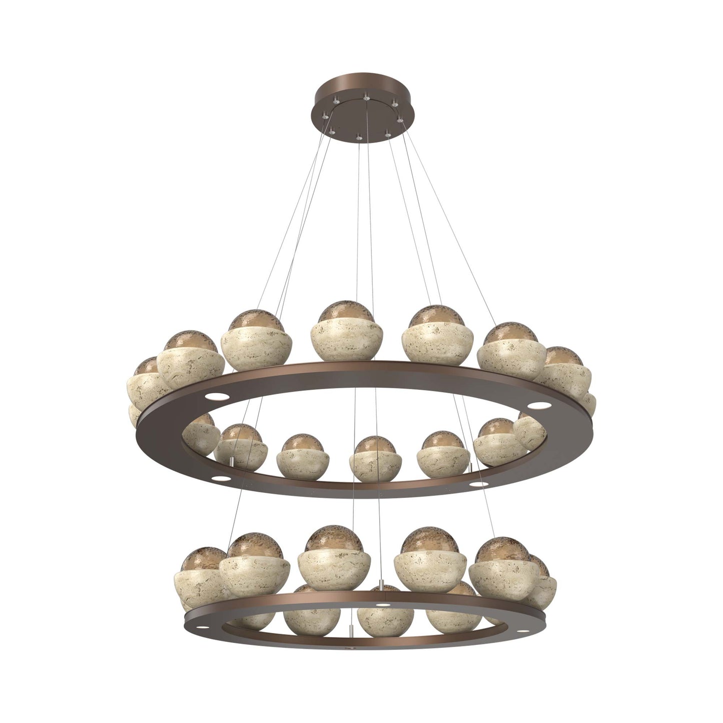 Cabochon Two-Tier Ring LED Chandelier in Burnished Bronze/Bronze Blown Glass (Travertine).