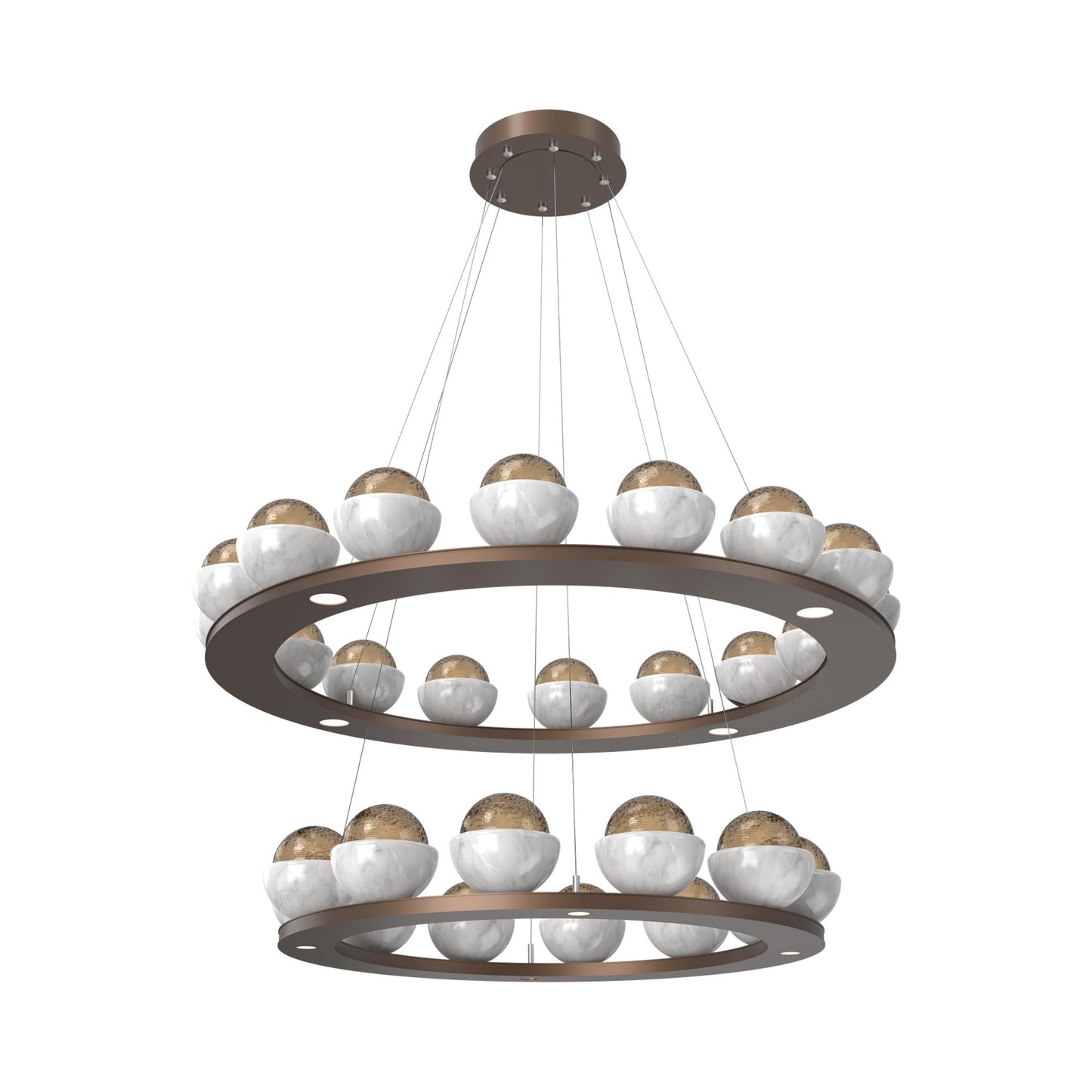 Cabochon Two-Tier Ring LED Chandelier in Burnished Bronze/Bronze Blown Glass (White Marble).