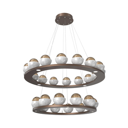 Cabochon Two-Tier Ring LED Chandelier in Burnished Bronze/Bronze Blown Glass (White Marble).