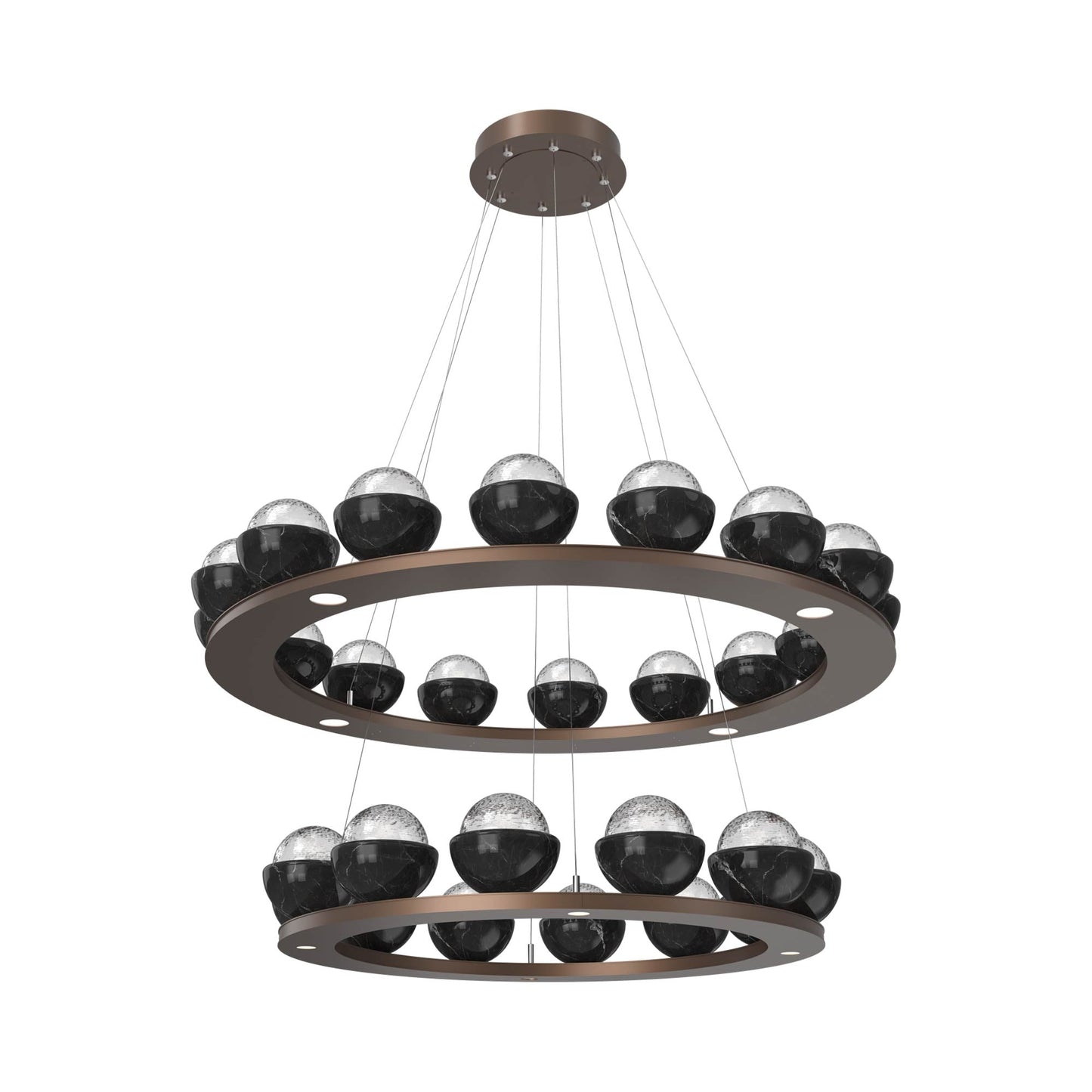 Cabochon Two-Tier Ring LED Chandelier in Burnished Bronze/Clear Blown Glass (Black Marble).
