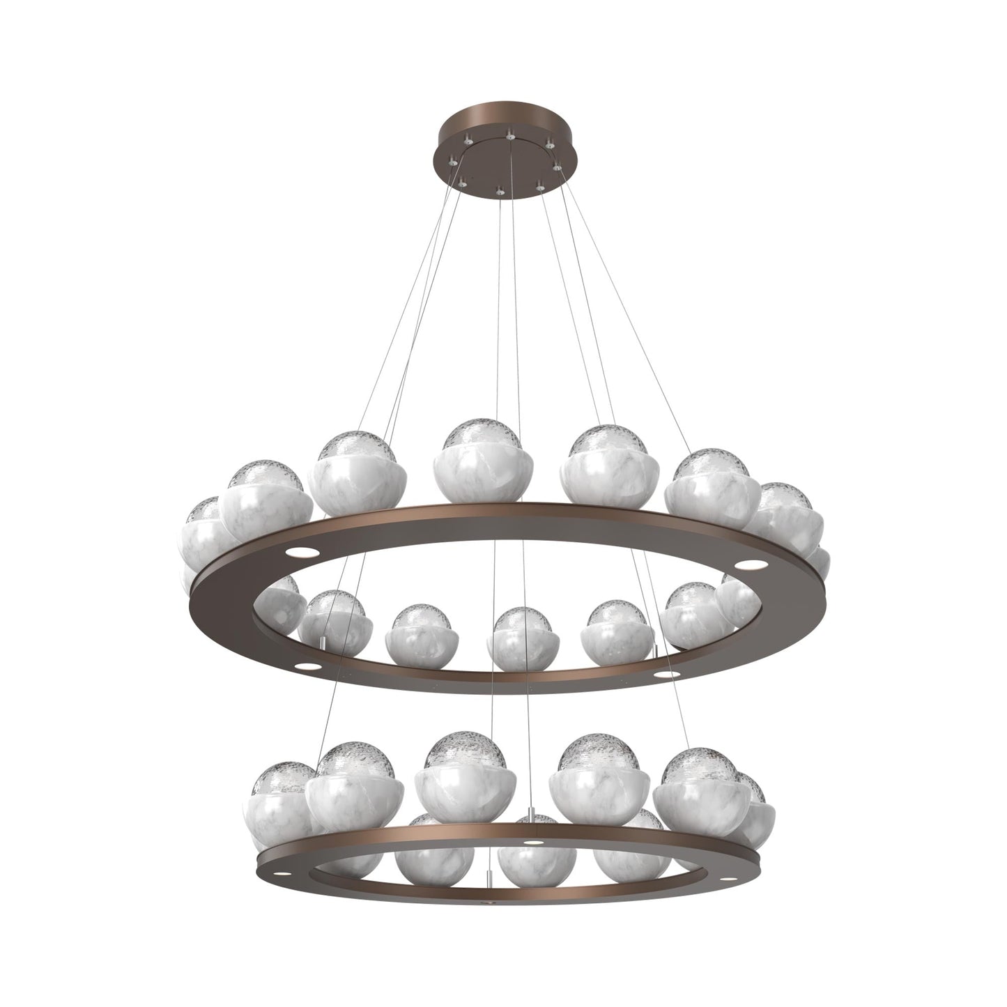 Cabochon Two-Tier Ring LED Chandelier in Burnished Bronze/Clear Blown Glass (White Marble).