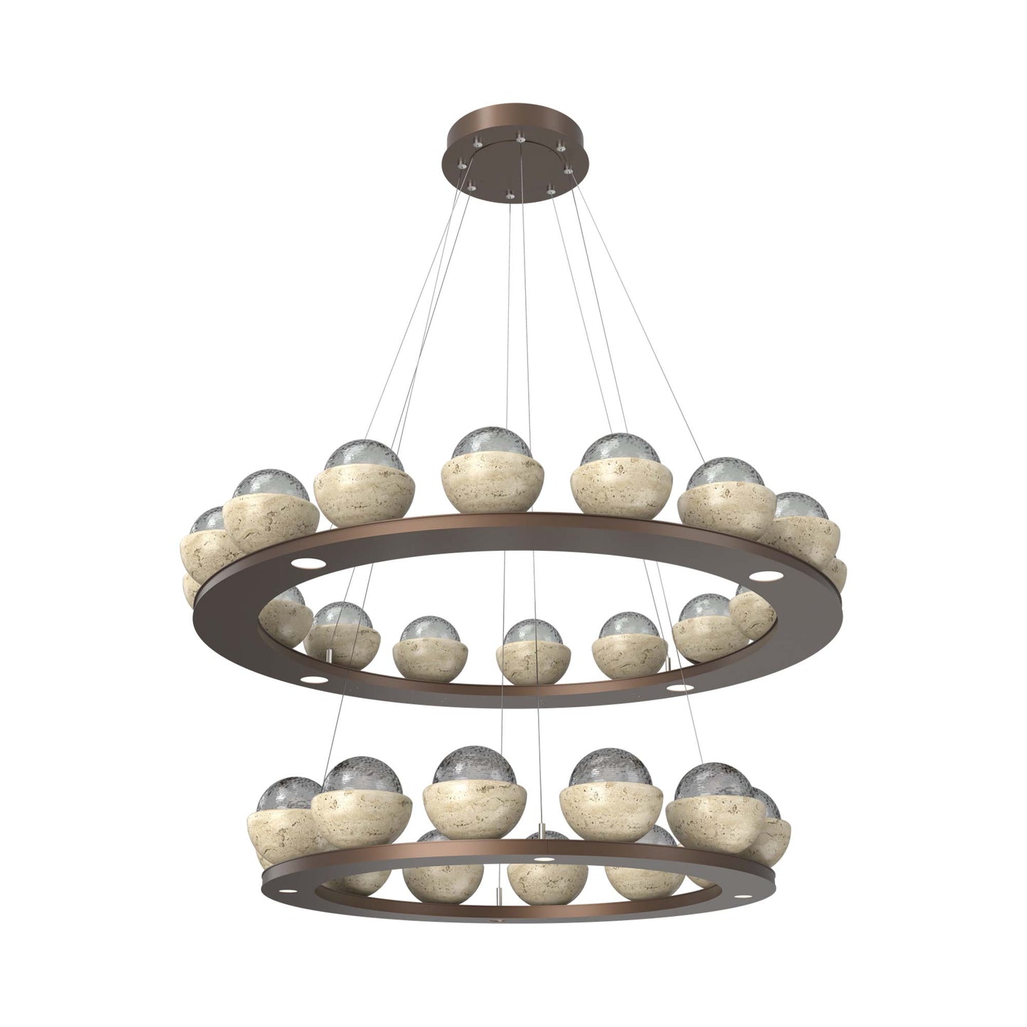 Cabochon Two-Tier Ring LED Chandelier in Burnished Bronze/Smoke Blown Glass (Travertine).