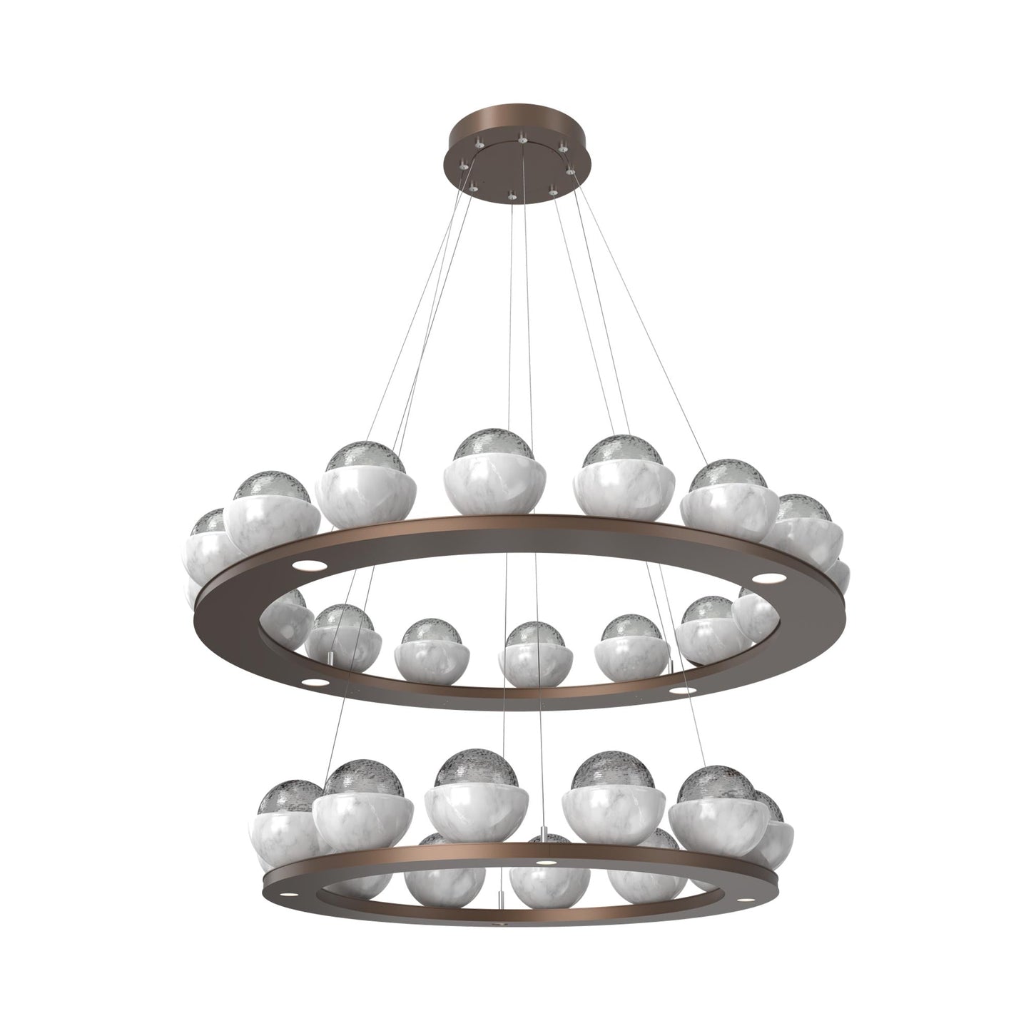 Cabochon Two-Tier Ring LED Chandelier in Burnished Bronze/Smoke Blown Glass (White Marble).