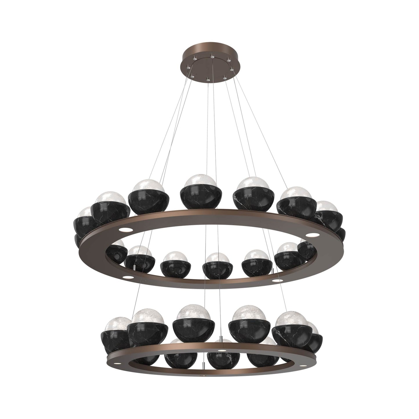 Cabochon Two-Tier Ring LED Chandelier in Burnished Bronze/White Blown Glass (Black Marble).