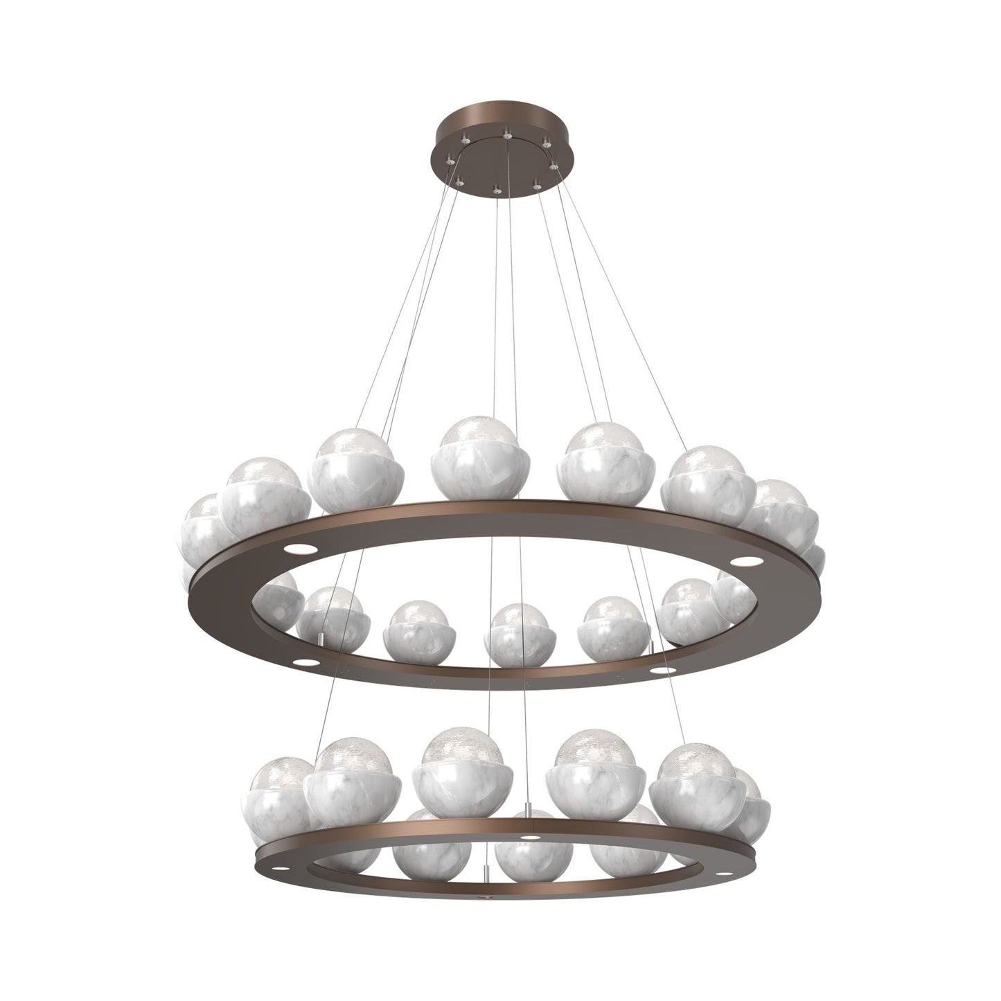 Cabochon Two-Tier Ring LED Chandelier in Burnished Bronze/White Blown Glass (White Marble).