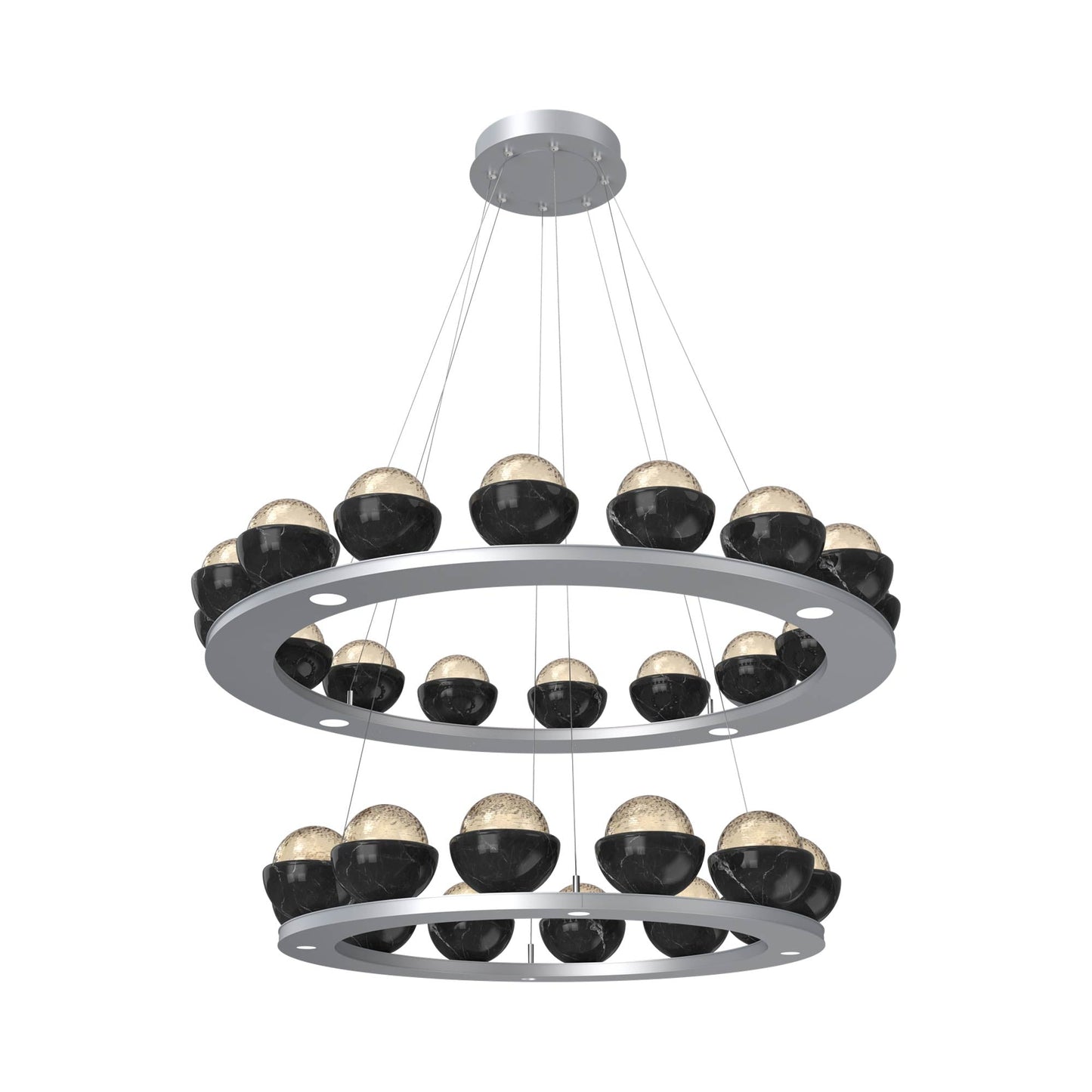 Cabochon Two-Tier Ring LED Chandelier in Classic Silver/Amber Blown Glass (Black Marble).