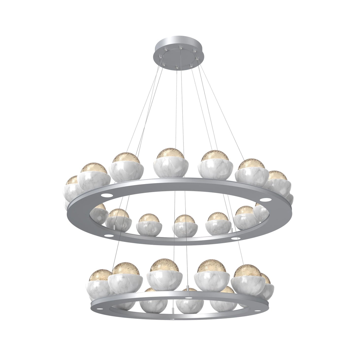 Cabochon Two-Tier Ring LED Chandelier in Classic Silver/Amber Blown Glass (White Marble).
