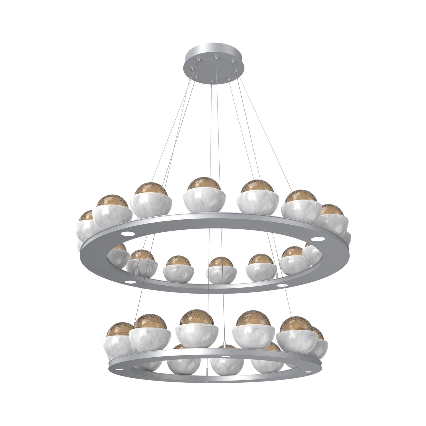 Cabochon Two-Tier Ring LED Chandelier in Classic Silver/Bronze Blown Glass (White Marble).