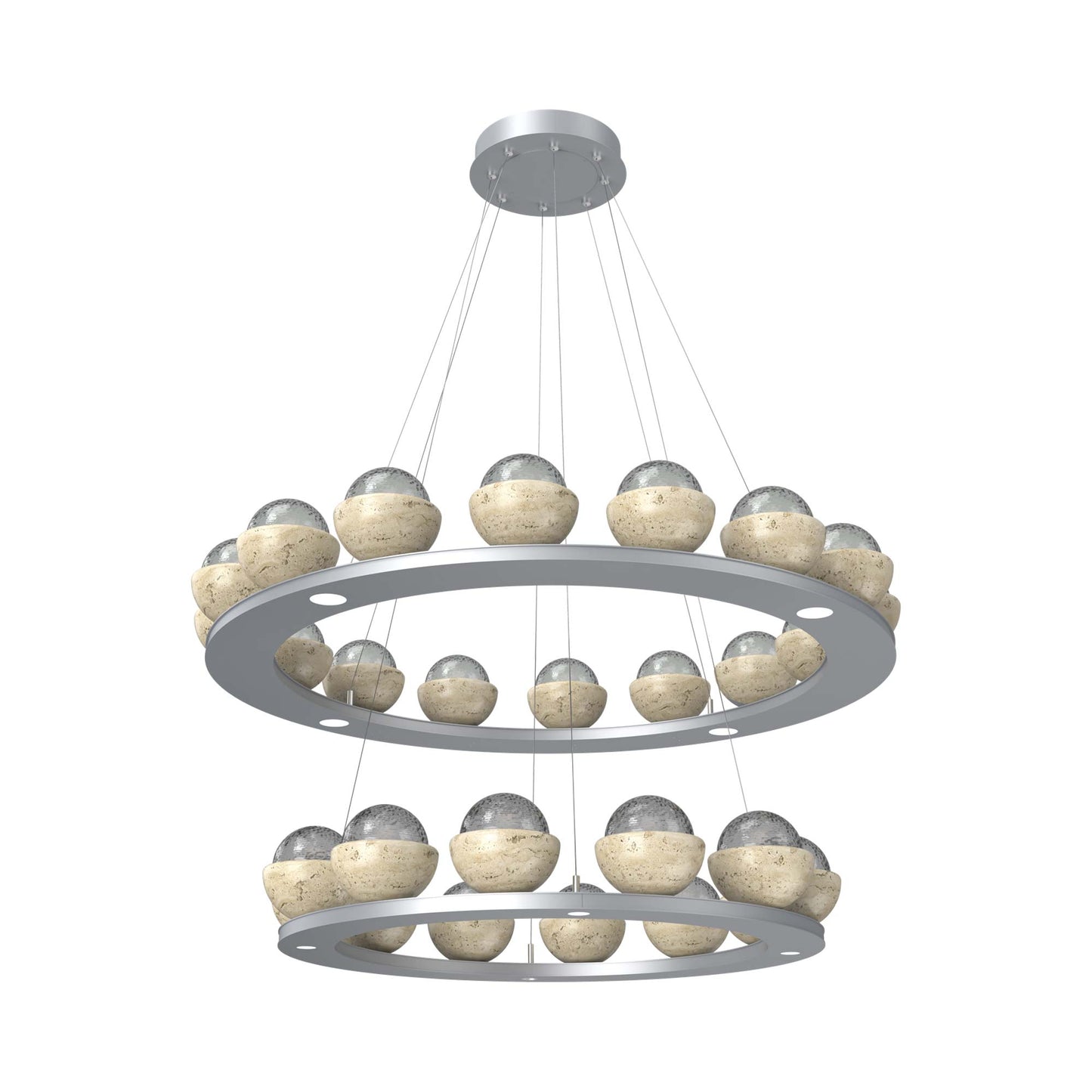 Cabochon Two-Tier Ring LED Chandelier in Classic Silver/Smoke Blown Glass (Travertine).