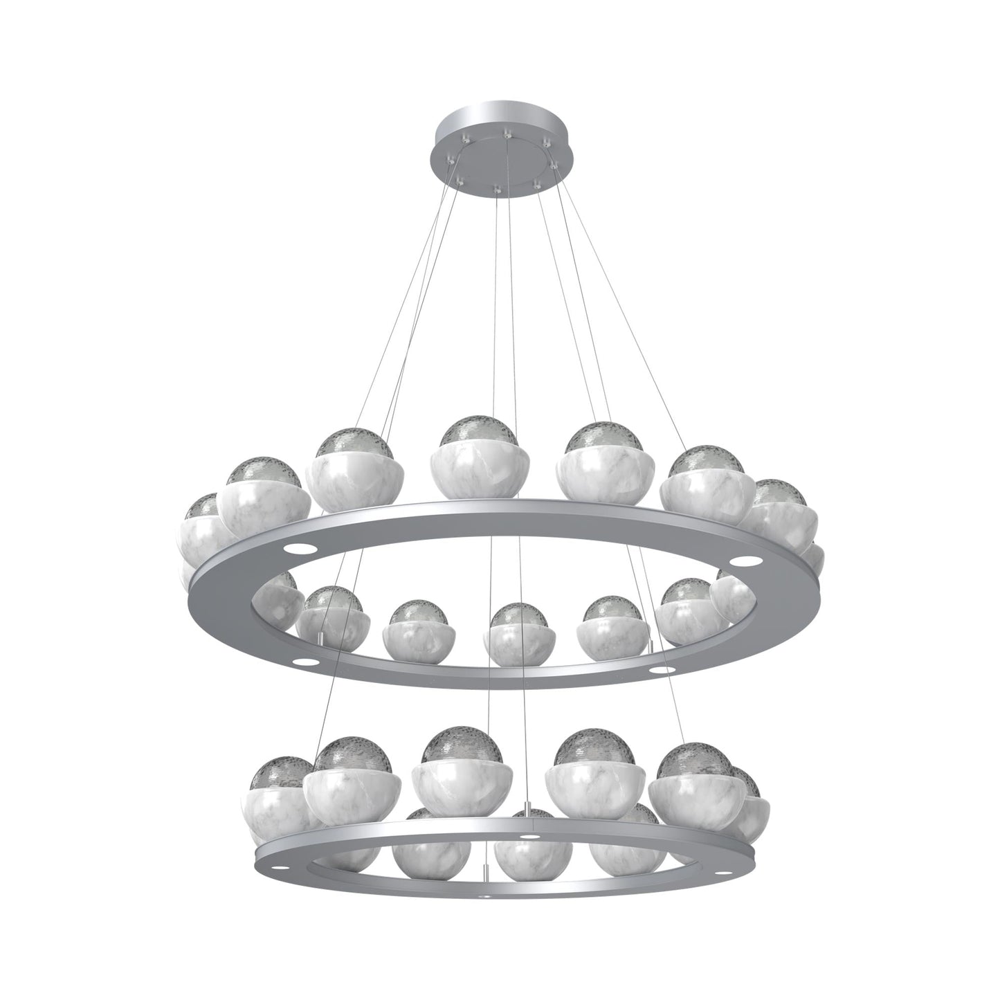 Cabochon Two-Tier Ring LED Chandelier in Classic Silver/Smoke Blown Glass (White Marble).