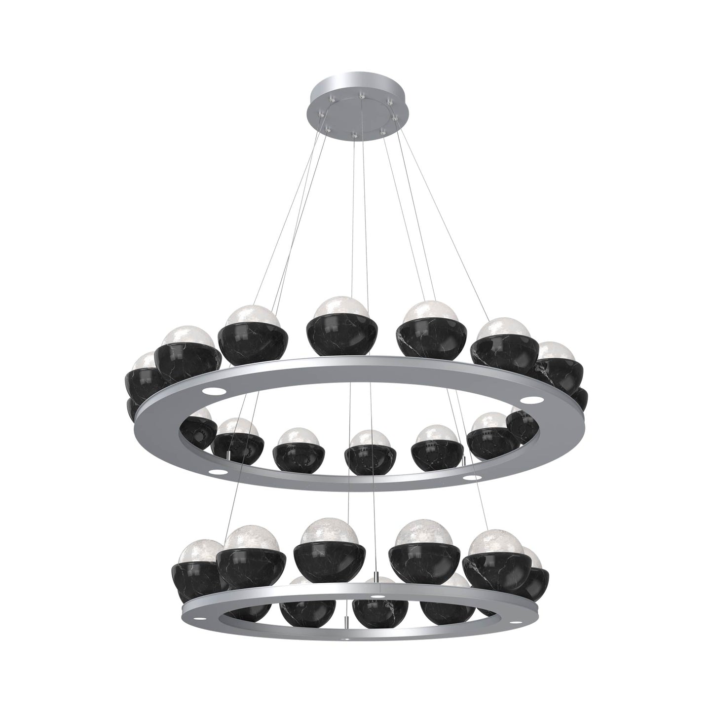 Cabochon Two-Tier Ring LED Chandelier in Classic Silver/White Blown Glass (Black Marble).