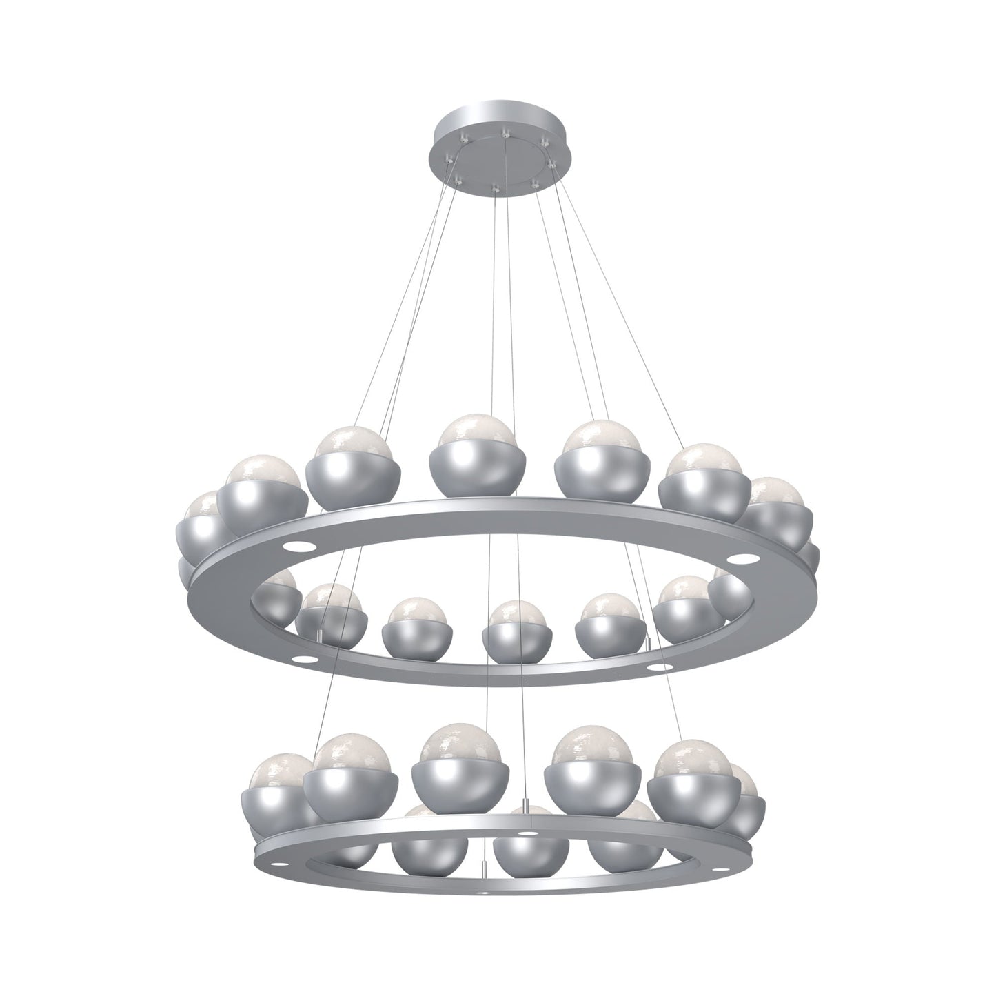 Cabochon Two-Tier Ring LED Chandelier in Classic Silver/White Blown Glass (Matching Finish).