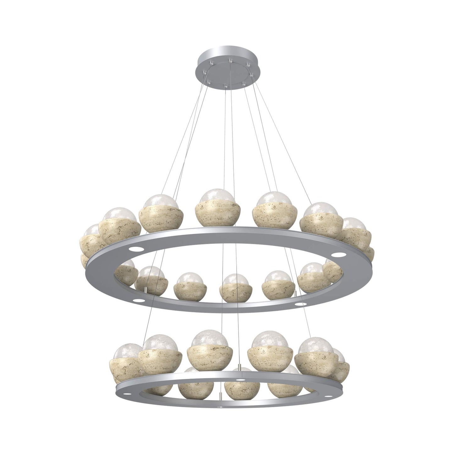 Cabochon Two-Tier Ring LED Chandelier in Classic Silver/White Blown Glass (Travertine).