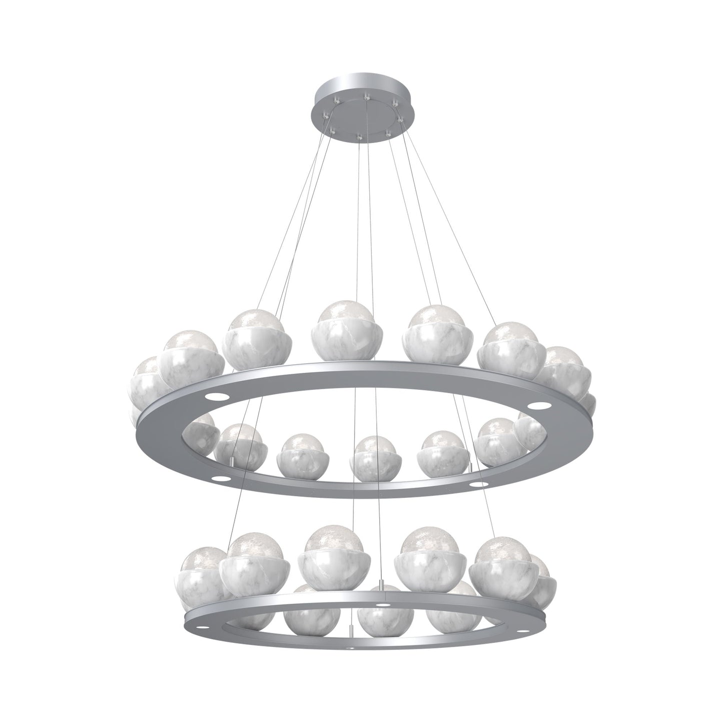 Cabochon Two-Tier Ring LED Chandelier in Classic Silver/White Blown Glass (White Marble).