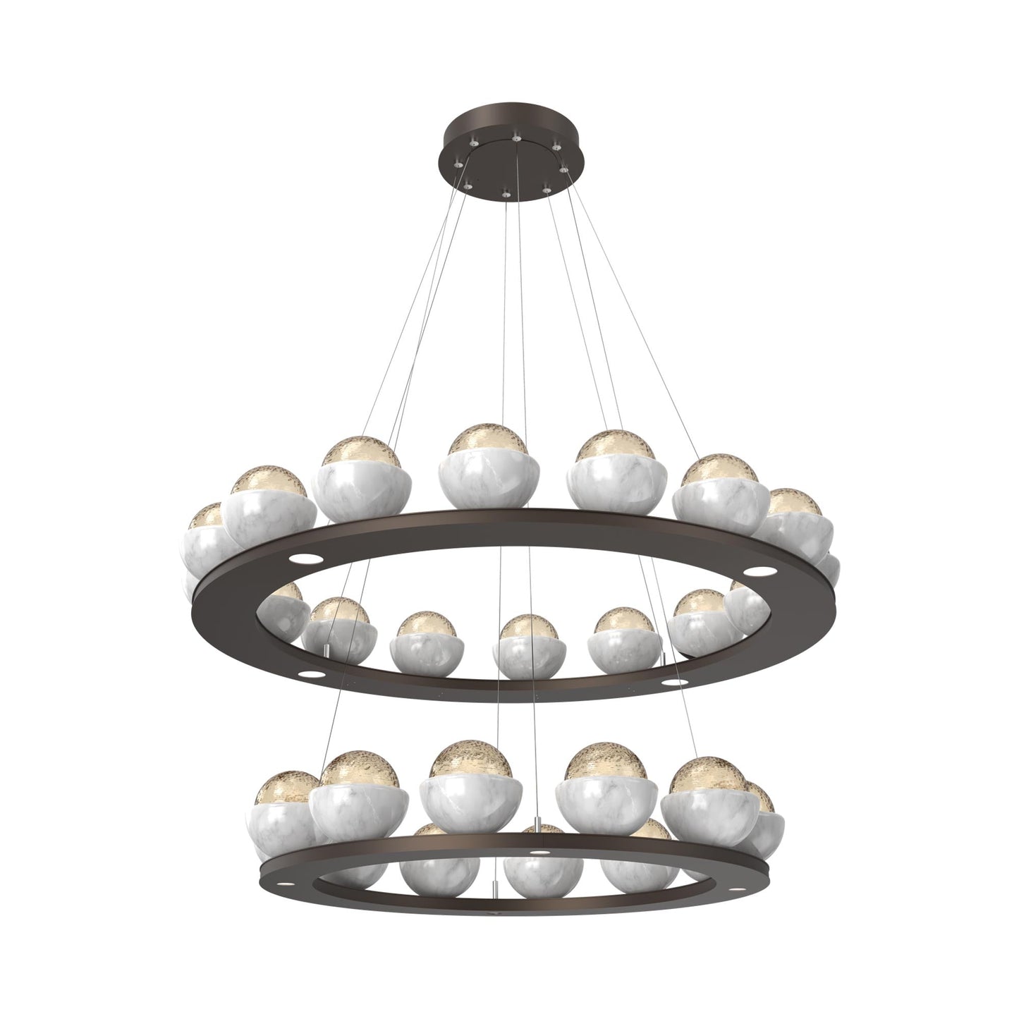 Cabochon Two-Tier Ring LED Chandelier in Flat Bronze/Amber Blown Glass (White Marble).